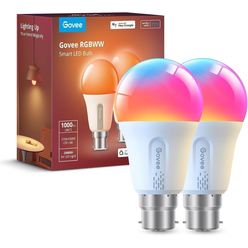 Govee Smart Bulb RGBWW, 1000lm Wi-Fi LED Bulbs B22, Smart Light Dimmable, DIY 16 Million Colors, 64 Dynamic Scenes, Compatible with Alexa, Google Assistant, Matter, 2 Packs