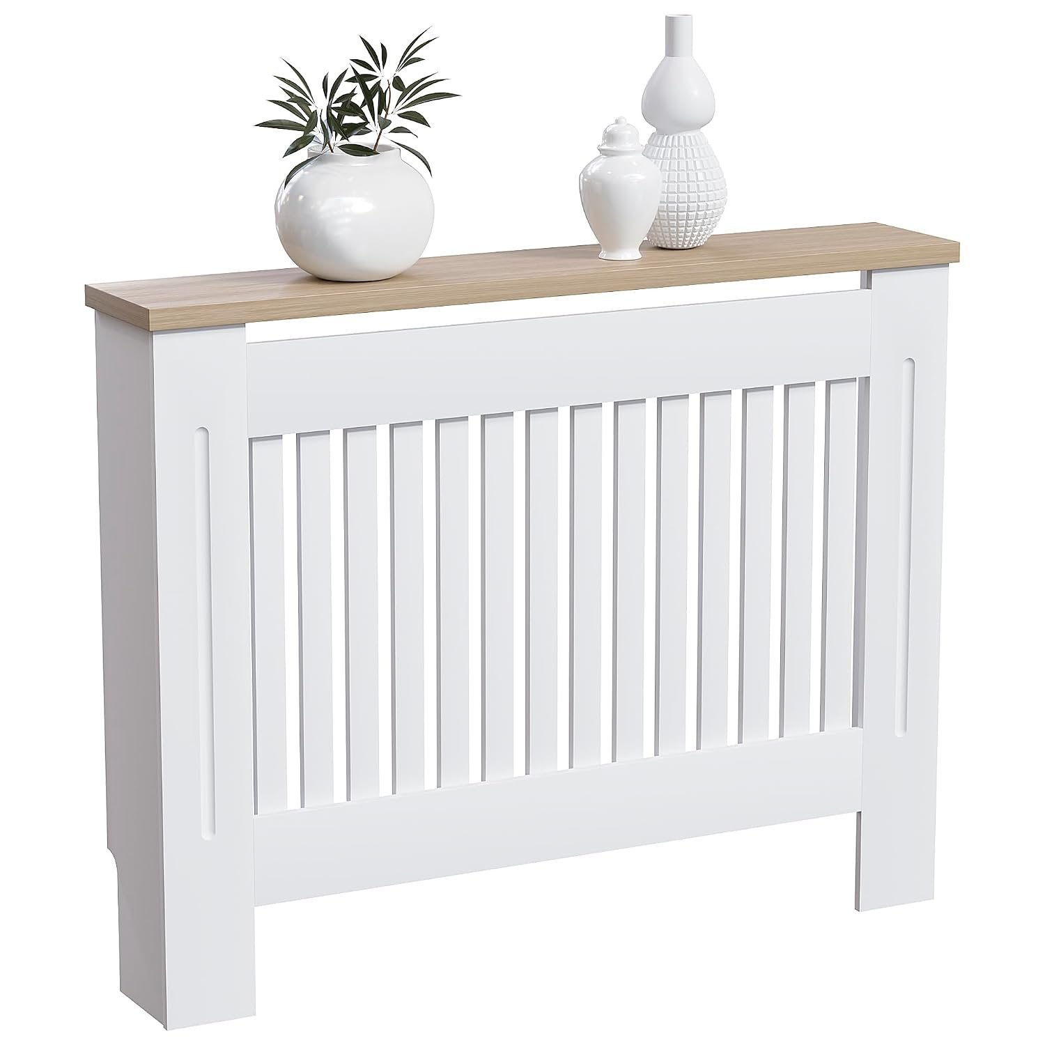 Vida Designs Arlington Radiator Cover White - Medium - Modern Shaker Style Vertical Slat Design For Optimal Heat Circulation - H83.3xW111xD19cm - Painted MDF Cabinet with Wood Top Shelf