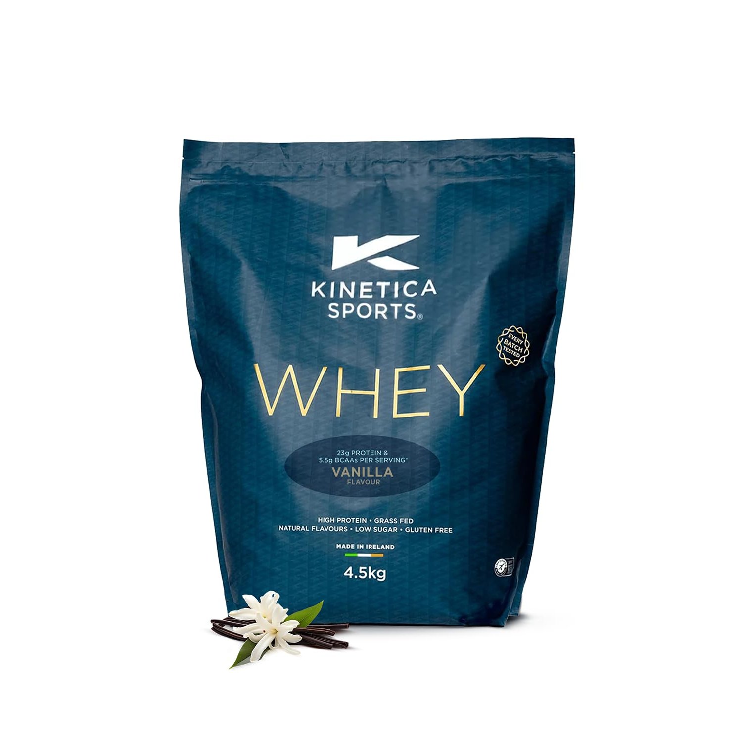 Kinetica Sports Whey Protein Powder - Vanilla, 4.5 Kg, 130 Servings | 23g Protein, 5.5g BCAA Amino Acid & 4.32g Glutamine | Recovery Shake for Optimum Nutrition | WADA & Informed Sport Approved