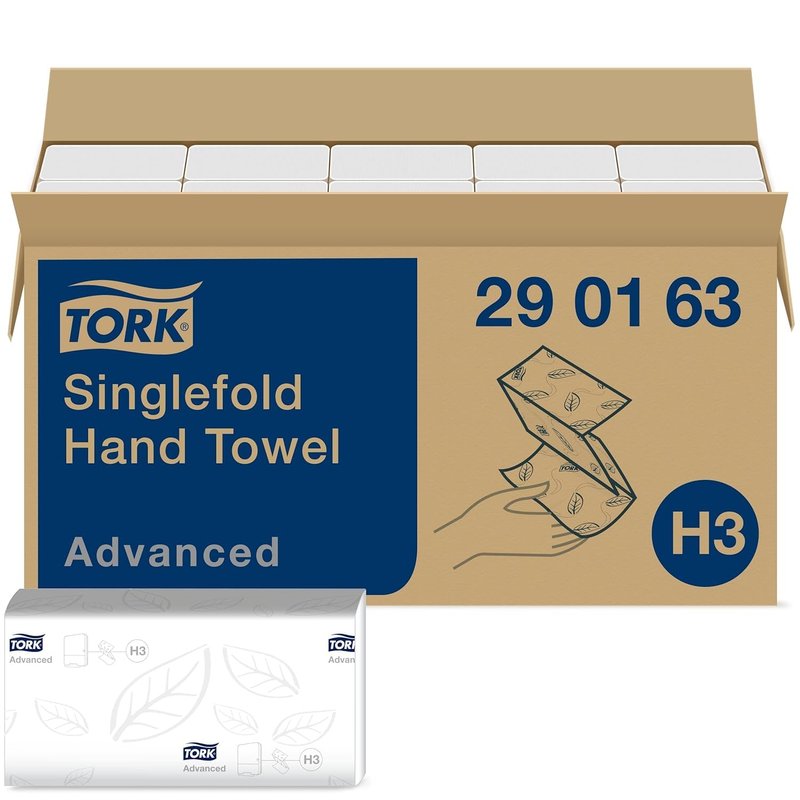 Tork Singlefold Hand Towels, White, H3 System Compatible, 2-Ply, Embossed, FSC and EU Ecolabel Certified, 15 Packs x 250 Sheets (3,750 Total) (290163)