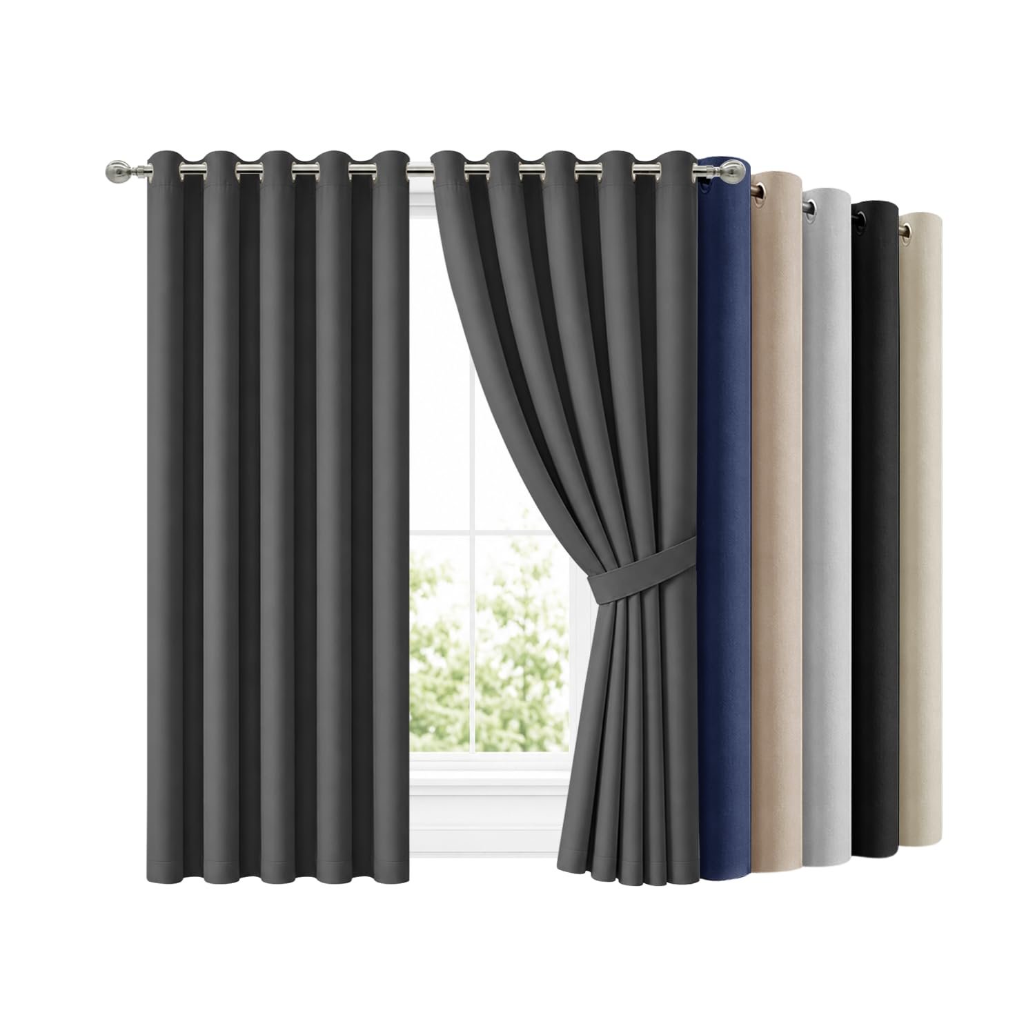 Hafaa Blackout Eyelet Curtains for Bedroom 66x72 Inch Grey Super Soft Thermal Curtains for Living Room 2 Panels Curtain and Drapes with Matching Tiebacks