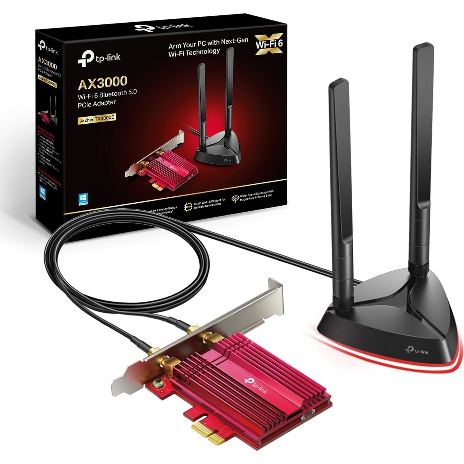 TP-Link Archer TX3000E AX3000Mbps WiFi 6 Bluetooth 5.3 PCIe Adapter with Two Antennas, Intel AX200 WiFi Adapter for PC, PCIe Network Interface Card for Desktop, Low-Profile Bracket Included