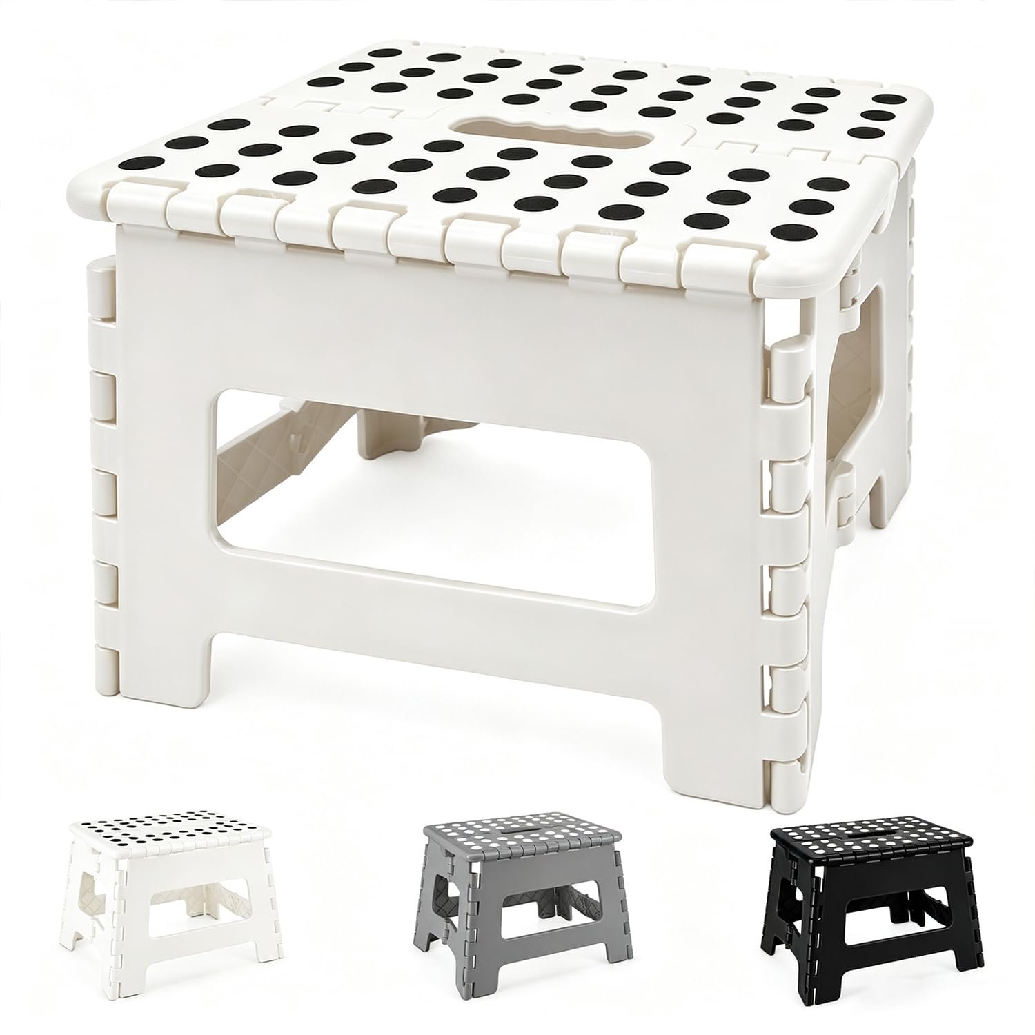 MASS DYNAMIC 9 Inch Folding Step Stool, Portable Plastic Footstool with Carry Handle, Non-Slip Top, Compact Collapsible Seat for Kitchen, Bathroom, Garden, Camping, White -Pack of 10