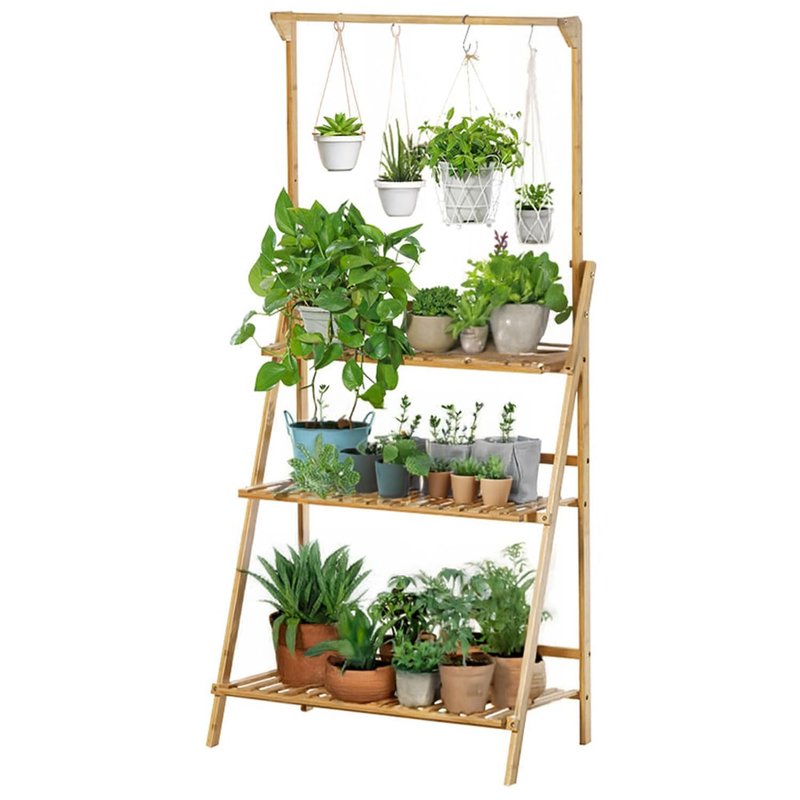 Neo 3‑Tier Foldable Bamboo Plant Stand with Hanging Hook Indoor & Outdoor Flower Ladder for Balcony Living Room & Garden