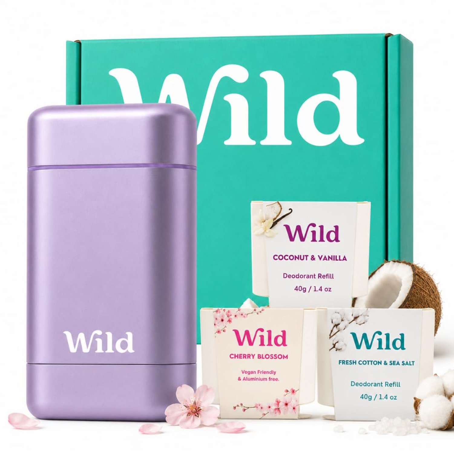 Wild Aluminium Free Natural Deodorant Starter Kit - Refillable Purple Case - Natural Ingredients & 24 Hour Odour Protection - Women's - Fresh Scents Variety Pack - Case + 3 Refills