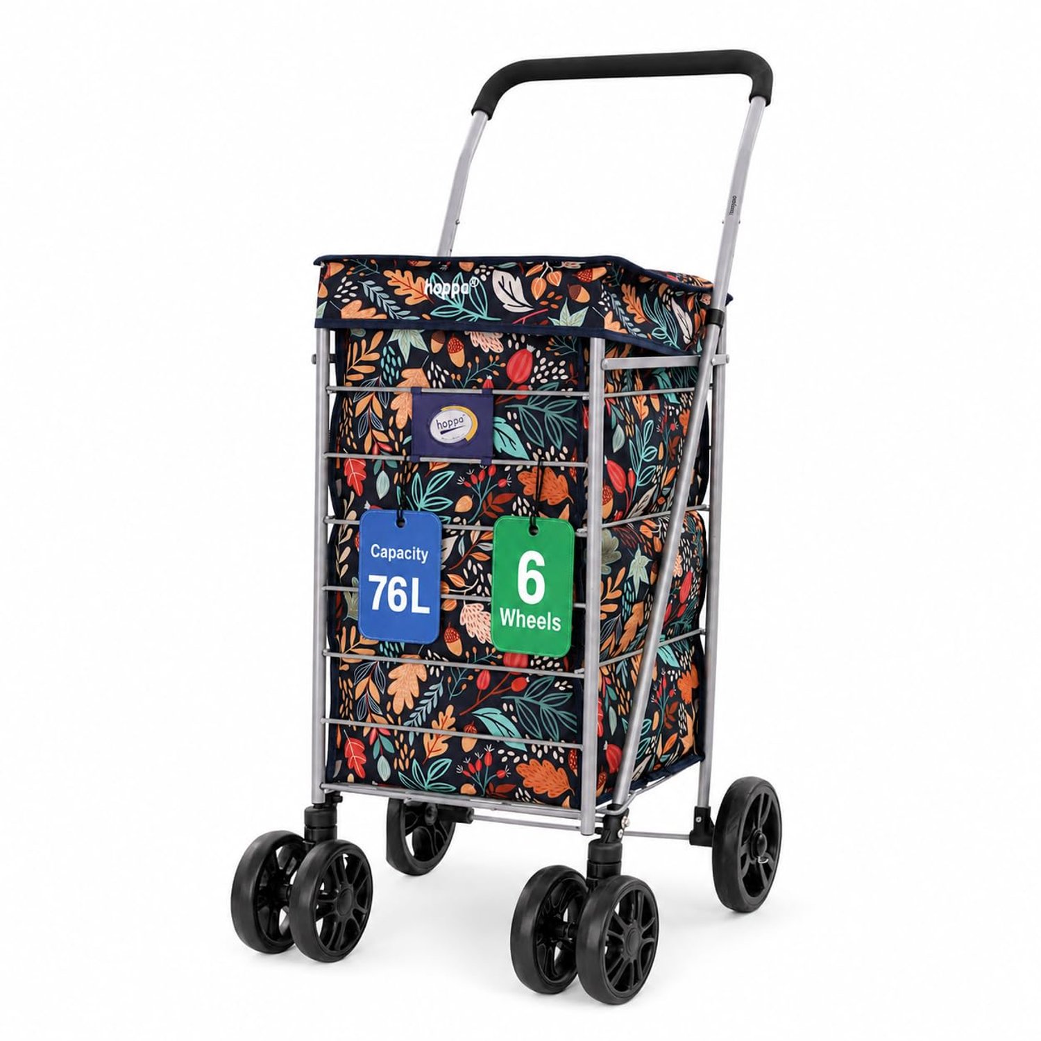 Hoppa Lightweight 6-Wheel Premium 2024 Model Folding Shopping Trolley Extra Large 75.6L Capacity Shopping Trolley Bag, 95cm, 5.25kg, Push/Pull (Leaf Black)