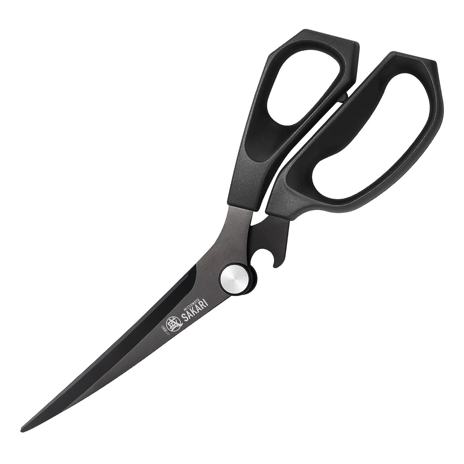 MITSUMOTO SAKARI Japanese Kitchen Scissors, Extended Meat Scissor, Multifunctional Black Cooking Shears (Non-Slip Handle)