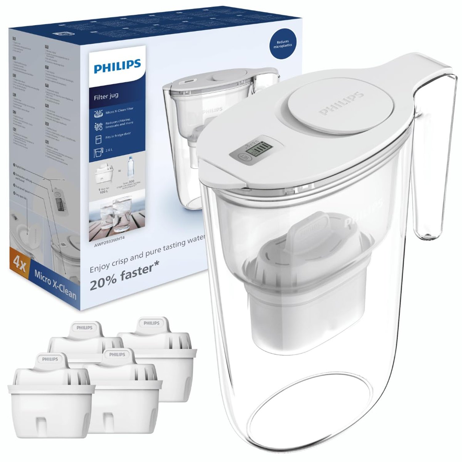 Philips Water Filter Jug +4 Taste+ Replacement Filter Cartridges, Fast flow, White, 2.6 litres, Electronic timer, Packaging May Vary