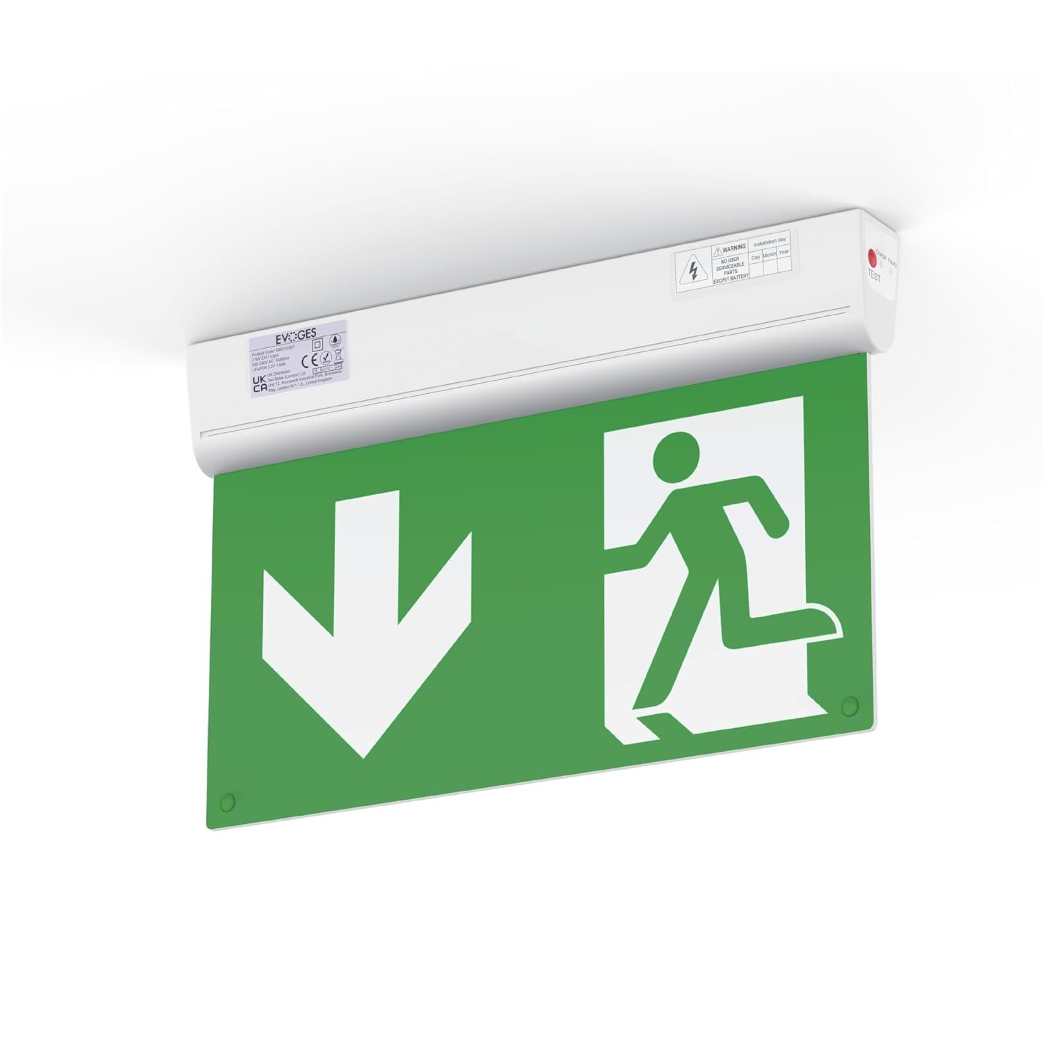 Evoges LED Self-Test 3 Hour Emergency Exit Sign Light with Self Test Function and Remote, 4-in-1 Mounting (Ceiling, Wall, End, Suspension), IP42, Maintained and Non Maintained Operation