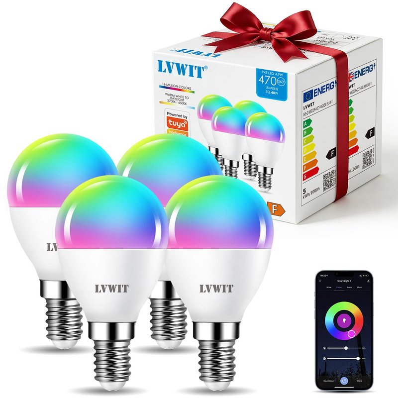 LVWIT Smart E14 Light Bulbs, Golf LED Bulb,470Lm, Color WiFi,5W Replace 40 Watt,Smart Light Bulbs Screw E14,Compatible with Alexa Google Assistant,TUYA/Smart Life APP Bulb 4 PCS