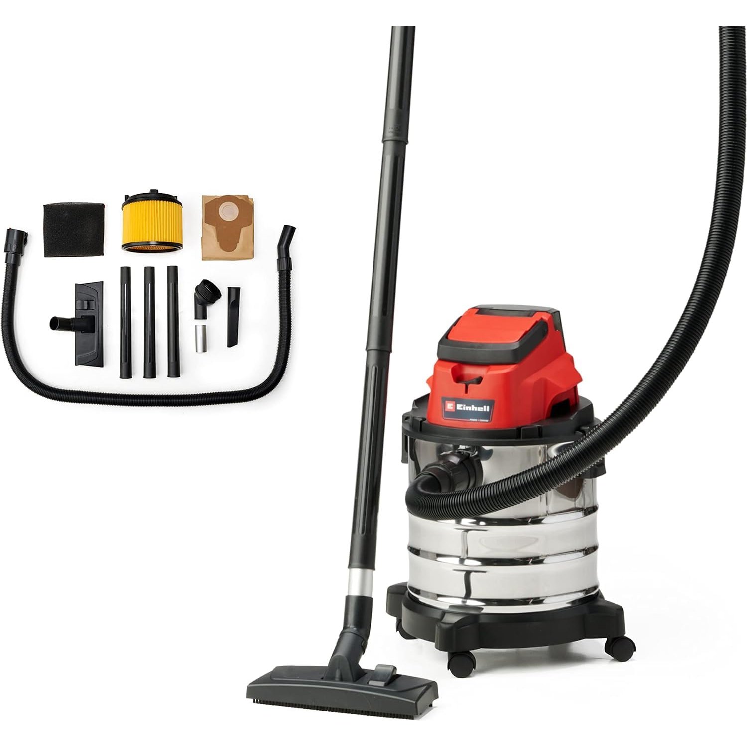 Einhell Cordless Wet and Dry Vacuum Cleaner 18V Power X-Change, 20L Heavy-Duty Stainless Steel Tank, 1.5M Hose, Blow Function Without Battery TE-VC 18 Li Solo