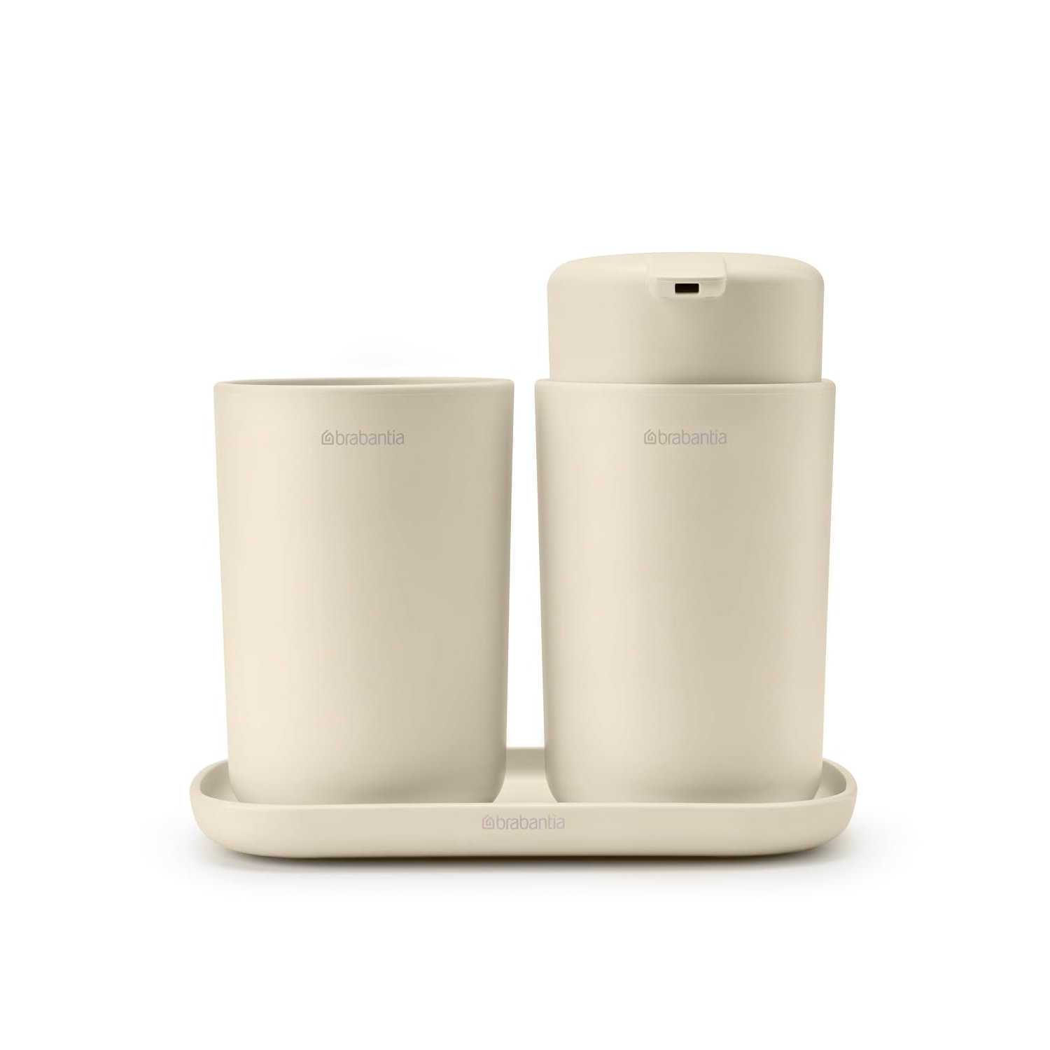 Brabantia - ReNew Bathroom Accessory Set - Soap Dispenser, Toothbrush Holder & Tray - Non-Drip Pump Mechanism - Non-Scratching - Corrosion Resistant - Bathroom Set of 3 - Soft Beige