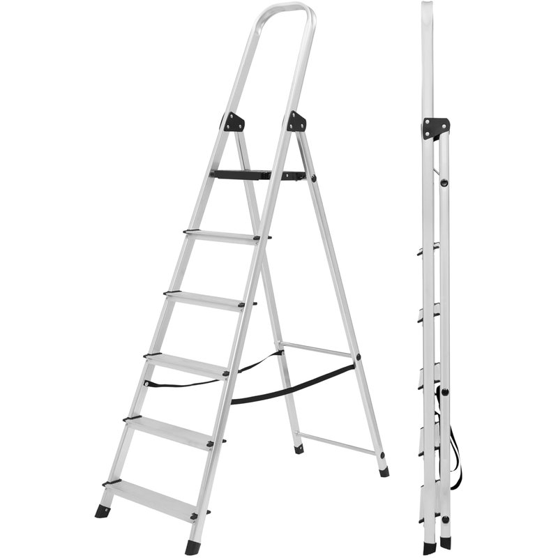 Lightweight Step Ladders 6 Step 71.2'' (181cm) 330.6lbs (150 kg) Max Load - Compact Aluminium Stepladder with Non-Slip Wide Step, Portable Silver Color - Tall Folding Ladder with Platform