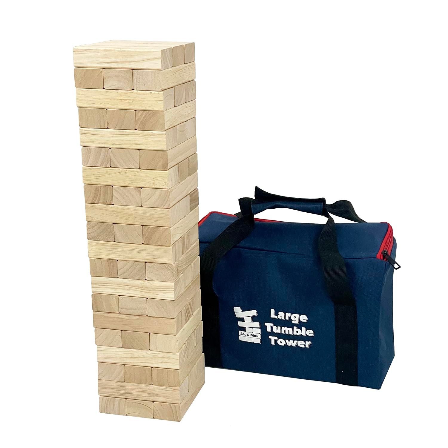 Jac & Mok Tumble Tower Wooden Toppling Blocks Game set,Large Table Top Stacking Games with Carrying Bag (60 pcs Large Tumble Tower, Hardwook Rubber wood)