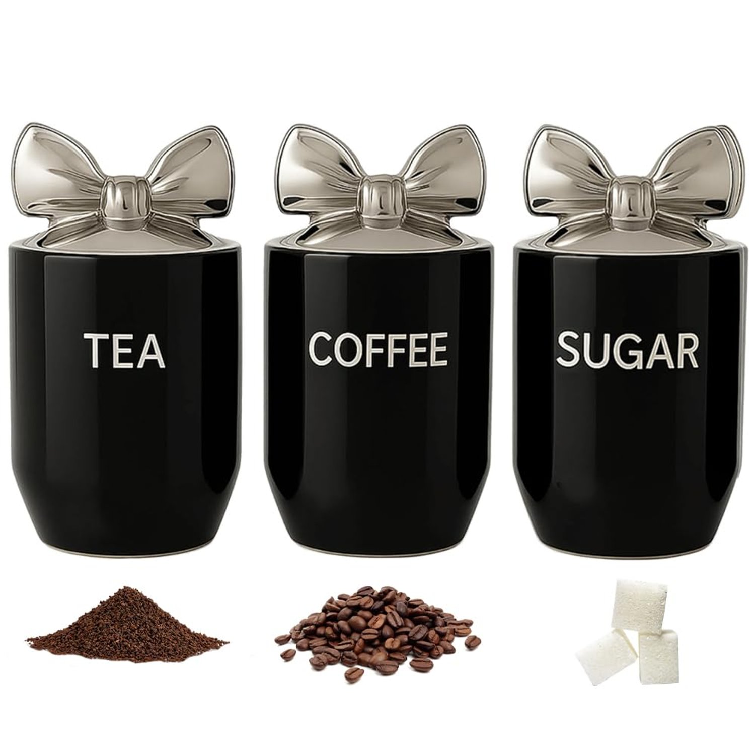 BMLIMITED BML Ceramic Tea Coffee Sugar Canisters Set Airtight Kitchen Storage Jars Decorative Countertop Canister Set with Silver Bow Lids Ideal Housewarming Gift & New Home Kitchen Accessory
