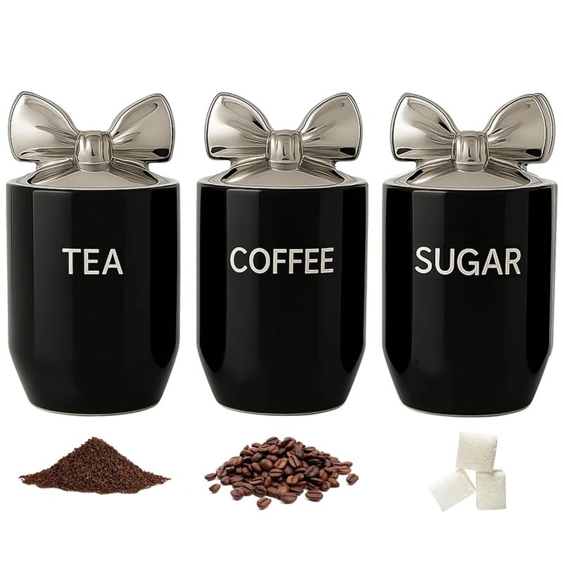 BMLIMITED BML Ceramic Tea Coffee Sugar Canisters Set Airtight Kitchen Storage Jars Decorative Countertop Canister Set with Silver Bow Lids Ideal Housewarming Gift & New Home Kitchen Accessory
