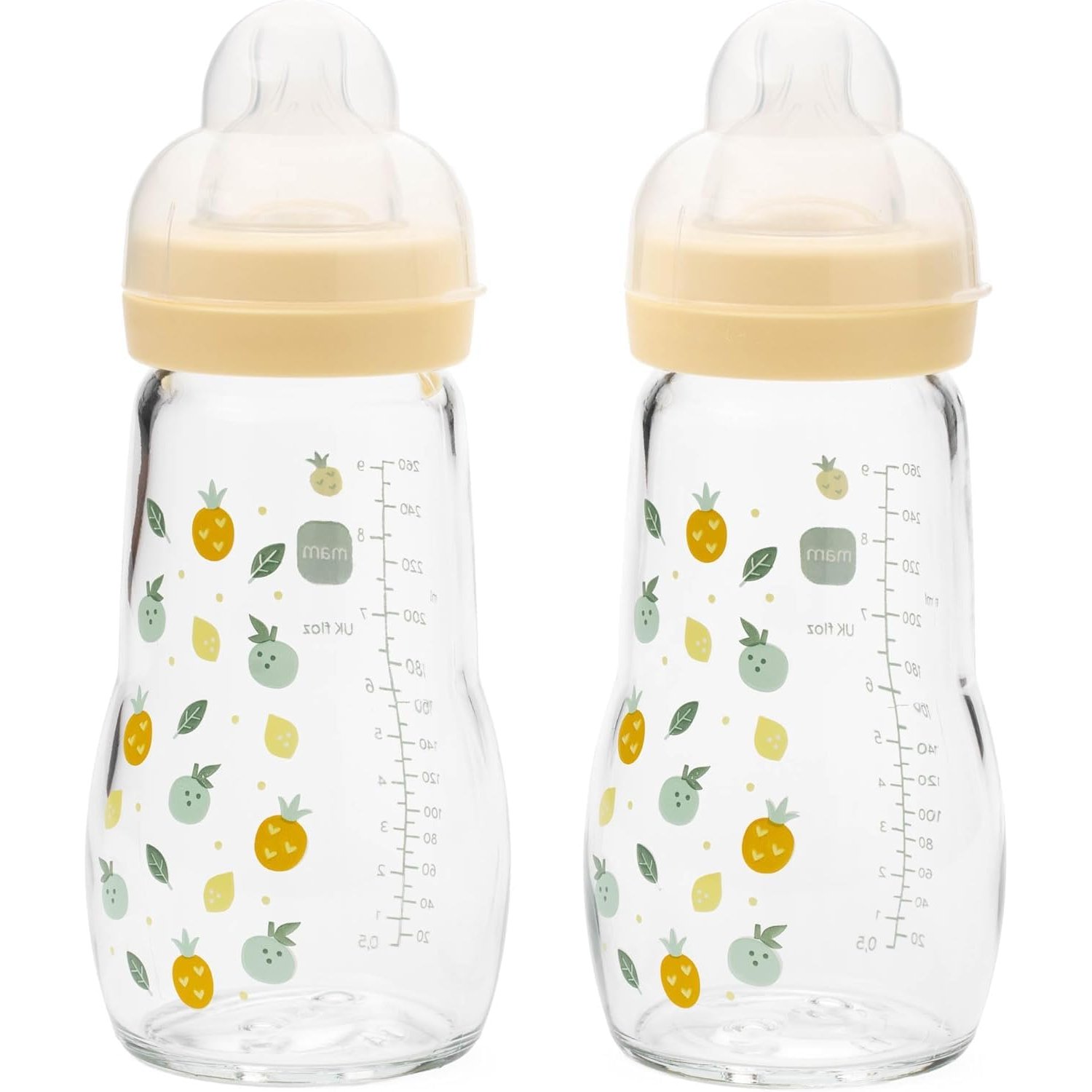 MAM Feel Good Glass Bottle | 2 Pack (2 x 260ml) | MAM Glass Bottles with Medium Flow Teats Size 2 | Baby Accessories for Newborn | Yellow (Various Designs)