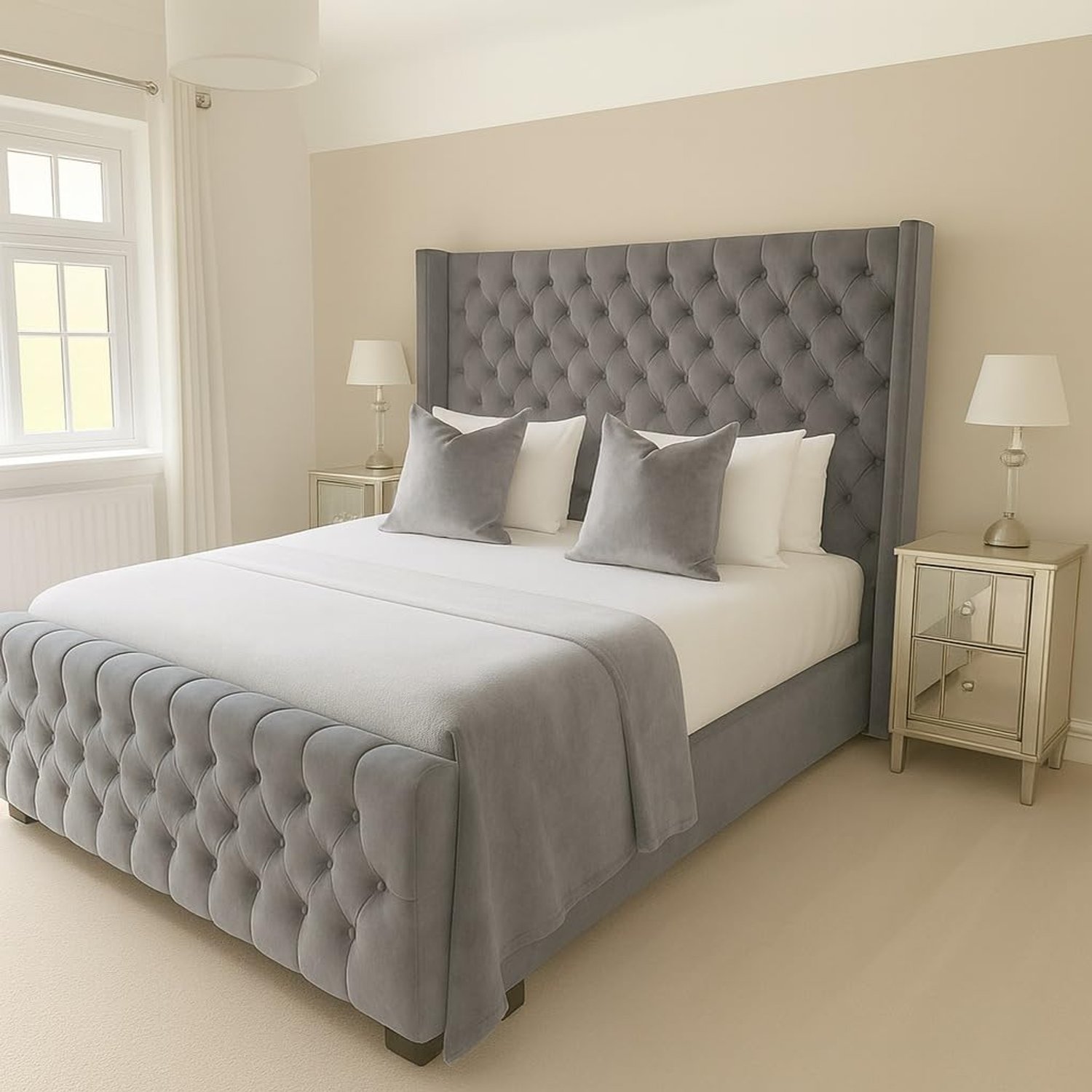 Bespoke Beds Plush Velvet Cannas Wingback Bed - King Size 5ft with Mattress/Gas Lift Ottoman Storage - Steel Plush Grey