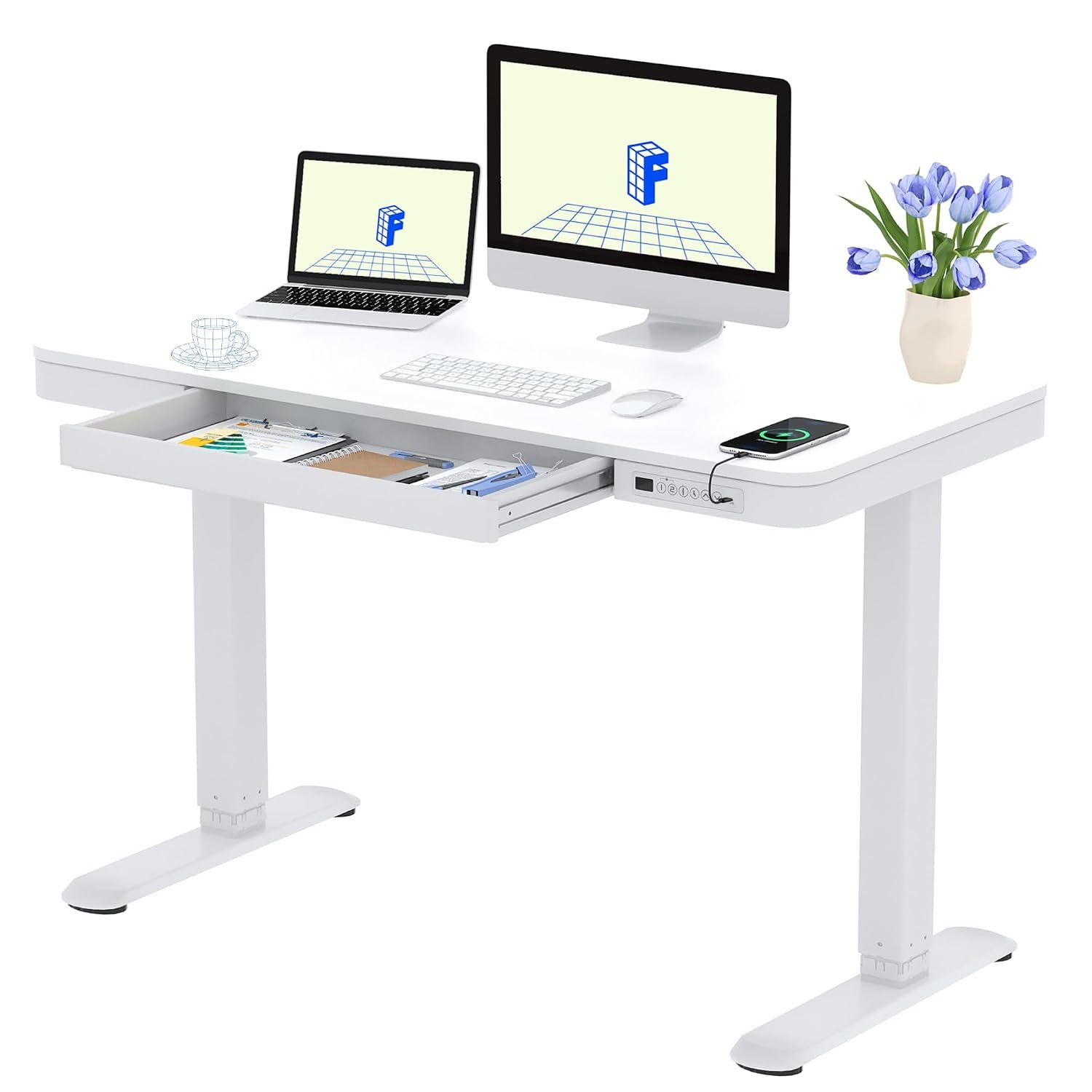FLEXISPOT Q3 Standing Desk, Home Office Electric Height Adjustable Sit-Stand Desk with Drawer & Fast USB Chargers (Milky, 120 * 60 cm)