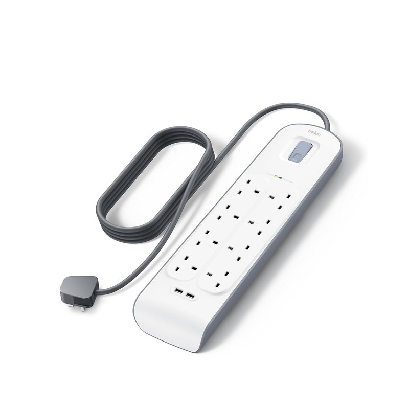 Belkin Extension Lead with USB Slots x 2 (2.4 A Shared), 8 Way/8 Plug Extension, 2m Surge Protected Power Strip - White