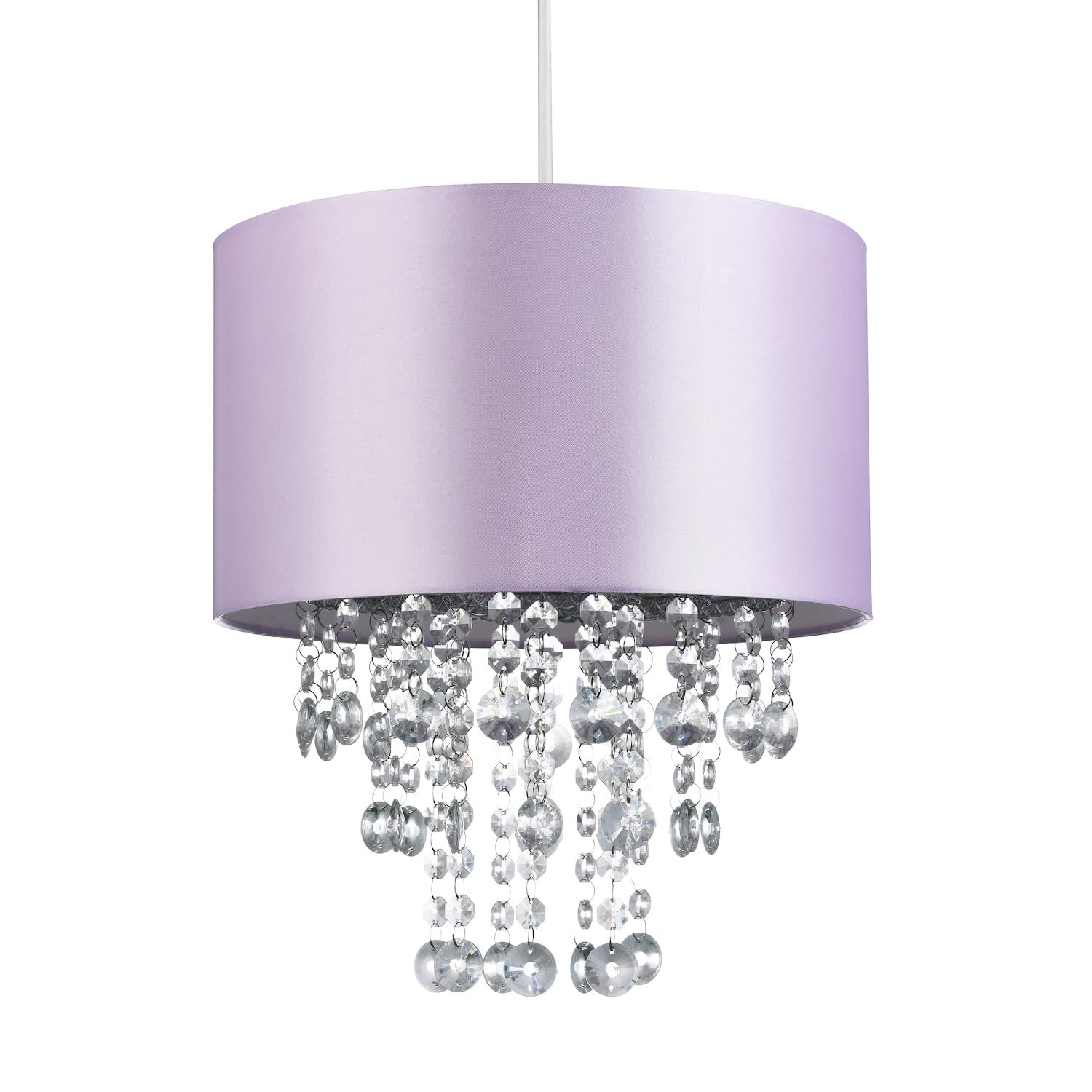 Modern and Eye-Catching Lilac Satin Fabric Pendant Light Shade with Hanging Transparent Acrylic Droplets | 30cm Diameter by Happy Homewares