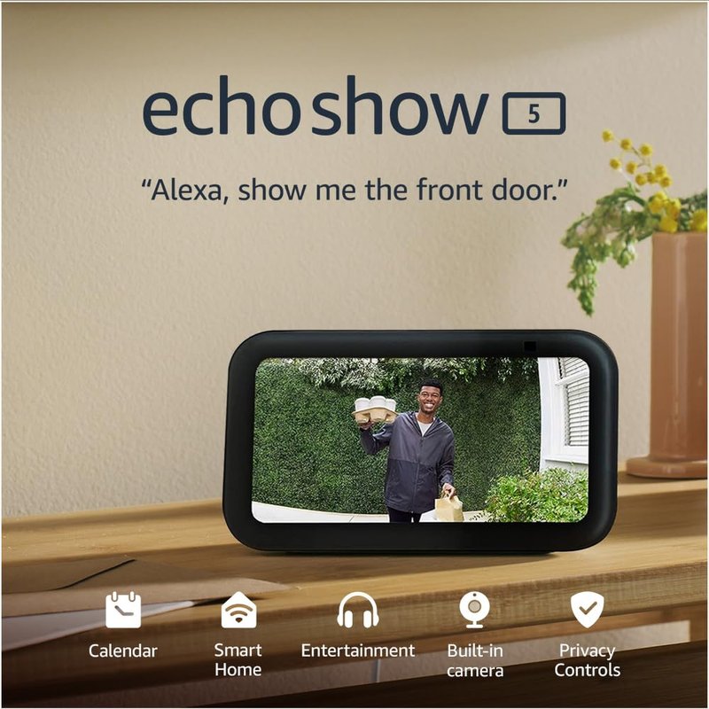 Echo Show 5 (Newest gen), Smart display and alarm clock with clearer sound, Charcoal, with Alexa+ Early Access
