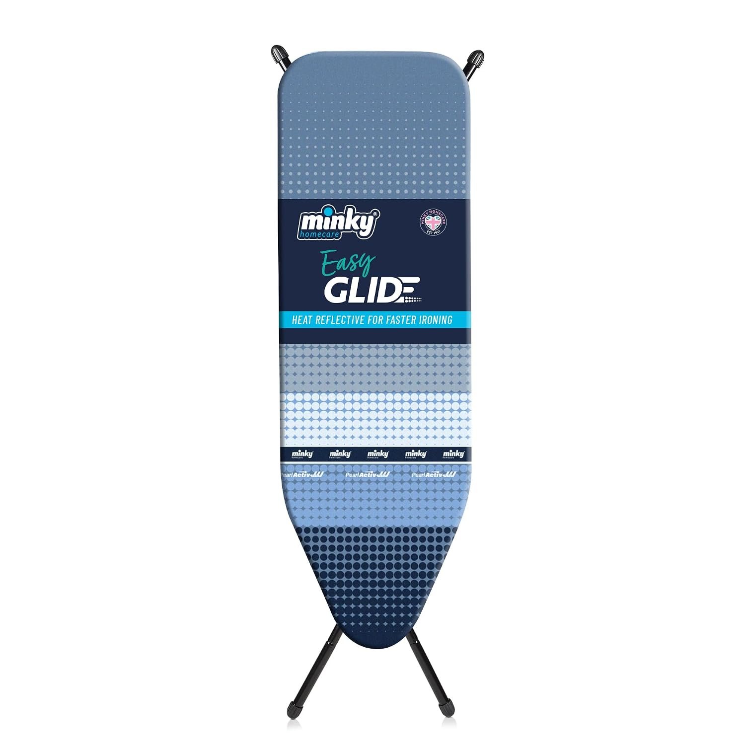 Minky EasyGlide Ironing Board, 110 x 35 cm Ironing Board, Lightweight & Compact, Adjustable Height Up To 86cm, Sturdy 4-Leg Design With Non-Slip Feet, Made in The UK