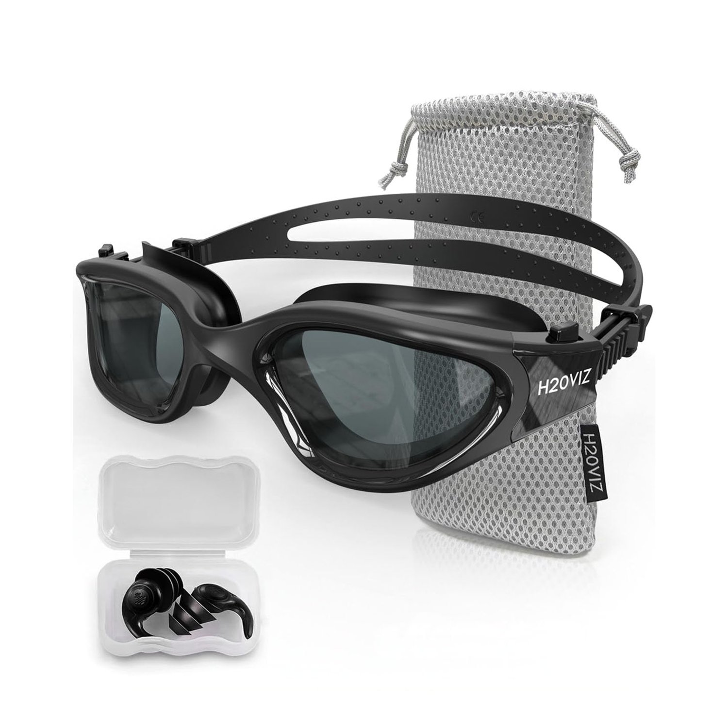 H20VIZ Swimming Goggles | Polarised, Anti-Fog, UV400 Protection, Anti-Leak, Includes Pro Swim Ear Plugs | Men Women Teens (Black - Smoke Grey)