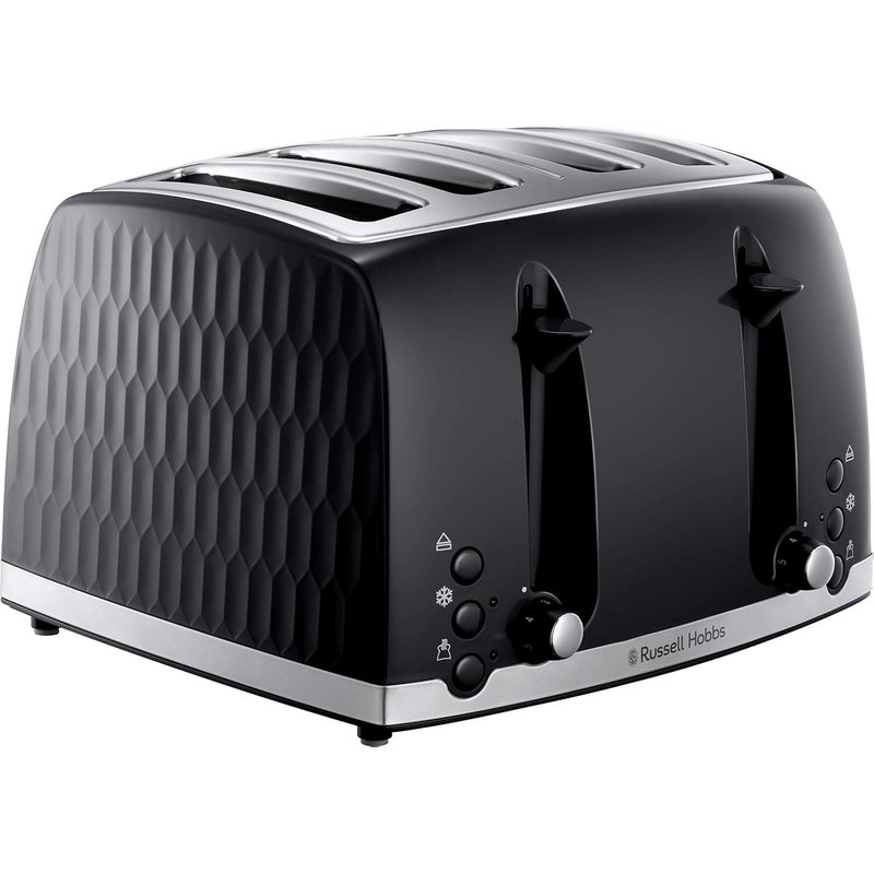Russell Hobbs Honeycomb 4 Slice Toaster (Independent & Extra wide slots with high lift, 6 Browning levels, Frozen/Cancel/Reheat function, Removable crumb tray, 1500W, Black textured high gloss) 26071