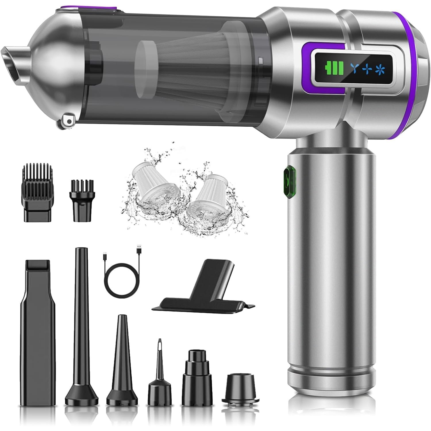 botatio Handheld Vacuum Cleaner, 25000Pa Car Vacuum Powerful Suction, 4-in-1 Hand Cordless Car Vacuum with Digital Display, 1-Touch Automatic Emptying, Brushless Motor & 3 Speeds, Silver