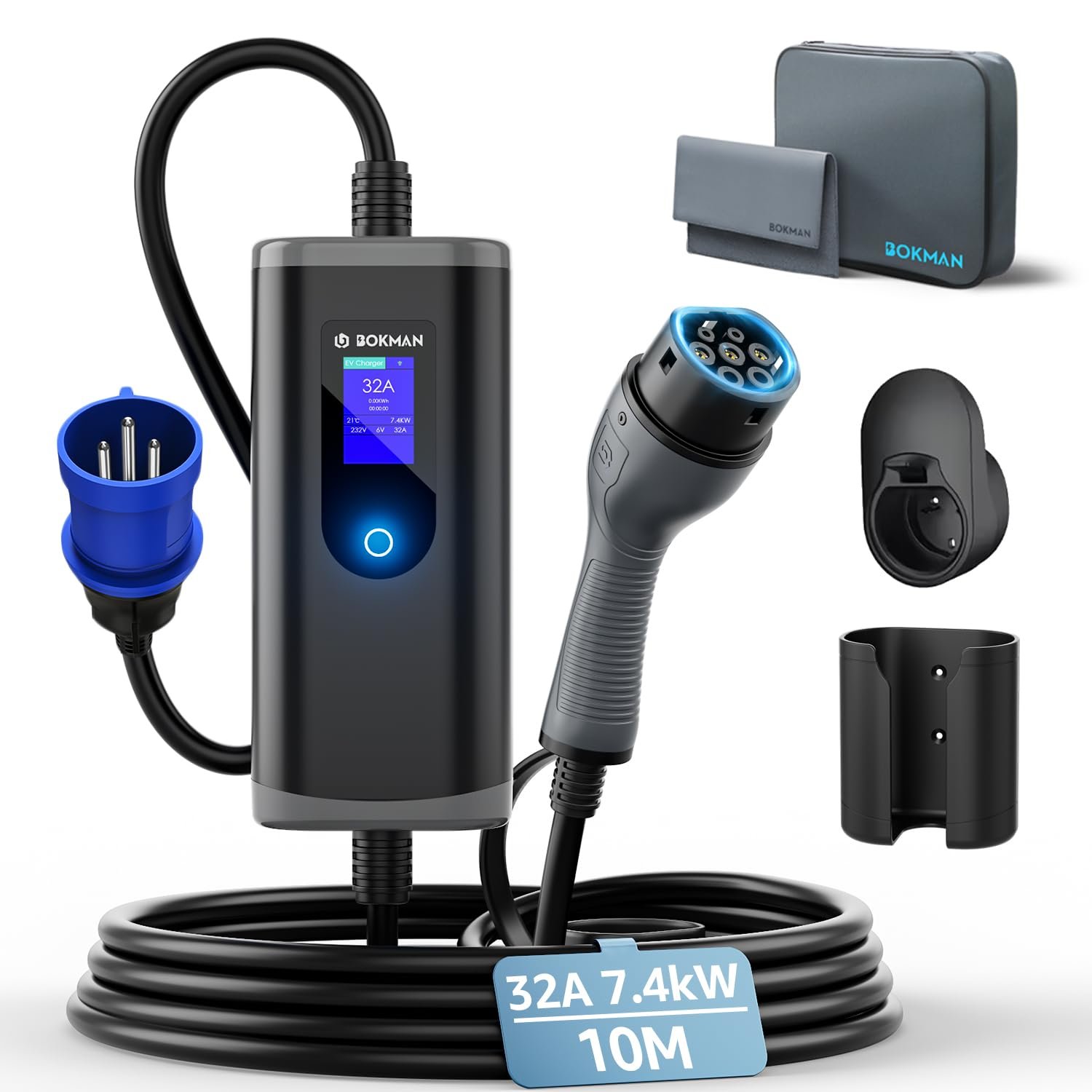 bokman EV Charger 7kW Type 2 to CEE Plug, 10M / 6-32A Adjustable Current / 1 Phase / IP65 Waterproof, Electric Car Charging Cable with LED Display and Commando Plug