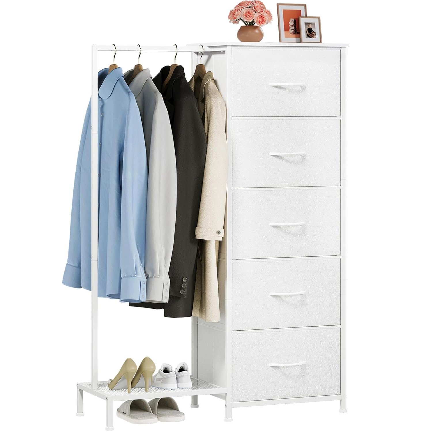 Somdot Chest of Drawers Bedroom with Clothes Rail and 5 Fabric Drawers, Reversible Clothes Storage Cabinet for Bedside Closet Entryway Hallway Kids Dorm Living Room, White Leather