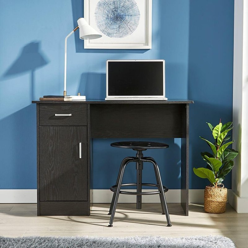 Home Source Office Desk, 1 Drawer & 1 Door Compact Computer Workstation, Black