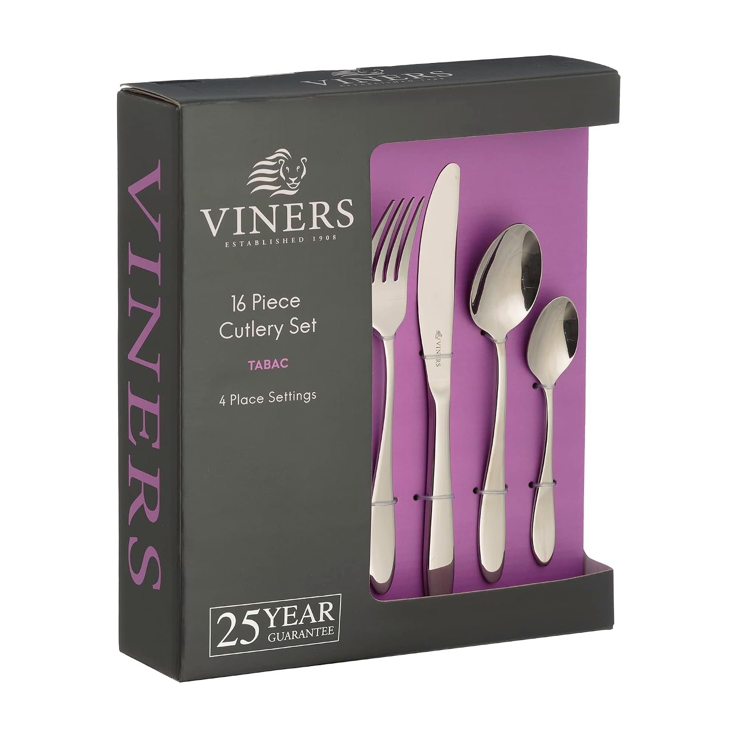Viners Tabac Cutlery Set | 18/0 Stainless Steel | Set of 16 Pieces | Silver Mirror Finish | Serves 4 | Dishwasher Safe | Gift Box