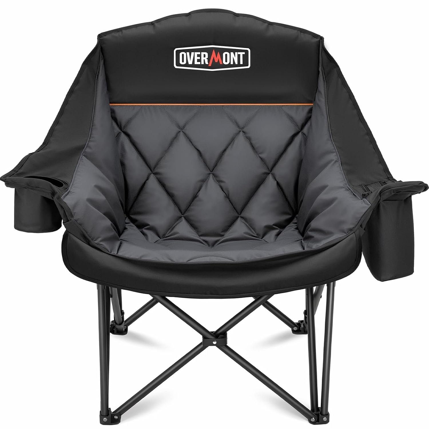 OVERMONT Oversized XL Camping Folding Chair for Adults - 450lbs Support Heavy-Duty Padded Folding Chair with Side Pocket Cup Holder for Outdoor Sports Garden Beach Fishing Lawn Black