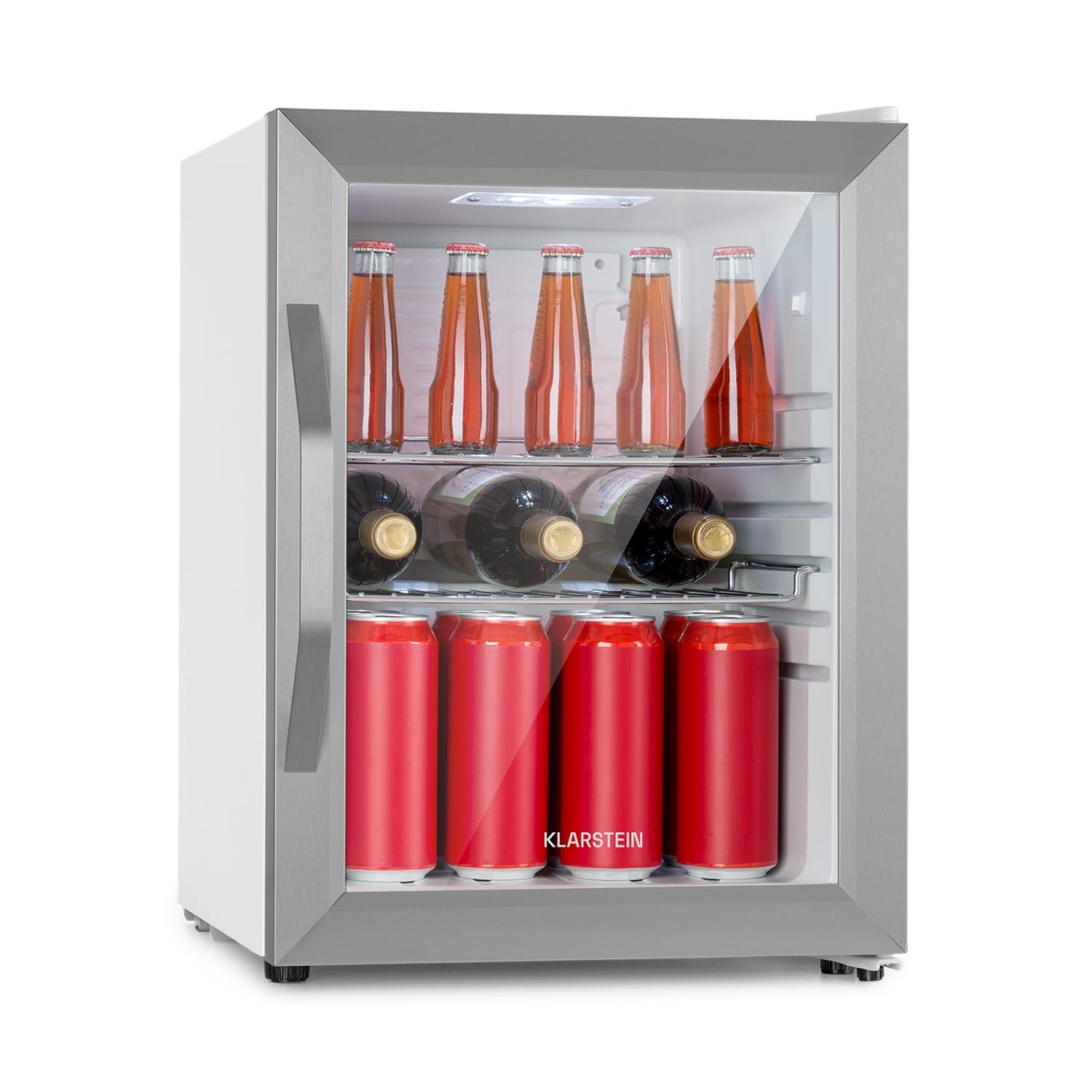 KLARSTEIN Beersafe 33 L Mini Fridge with Glass Door – Drinks Fridge, Silver | LED light, removable metal shelves, quiet, beer & beverage fridge for cans & bottles