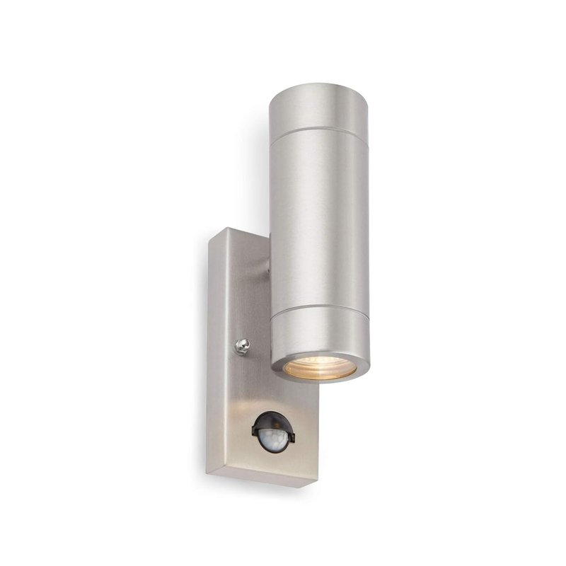 PALIN Outdoor Lights with Built-in PIR – Outside Lights Mains Powered – GU10 LED Compatible Outdoor Wall Lights – Up Down Outside Lights – IP44 Rated Wall Light, Brushed Stainless Steel