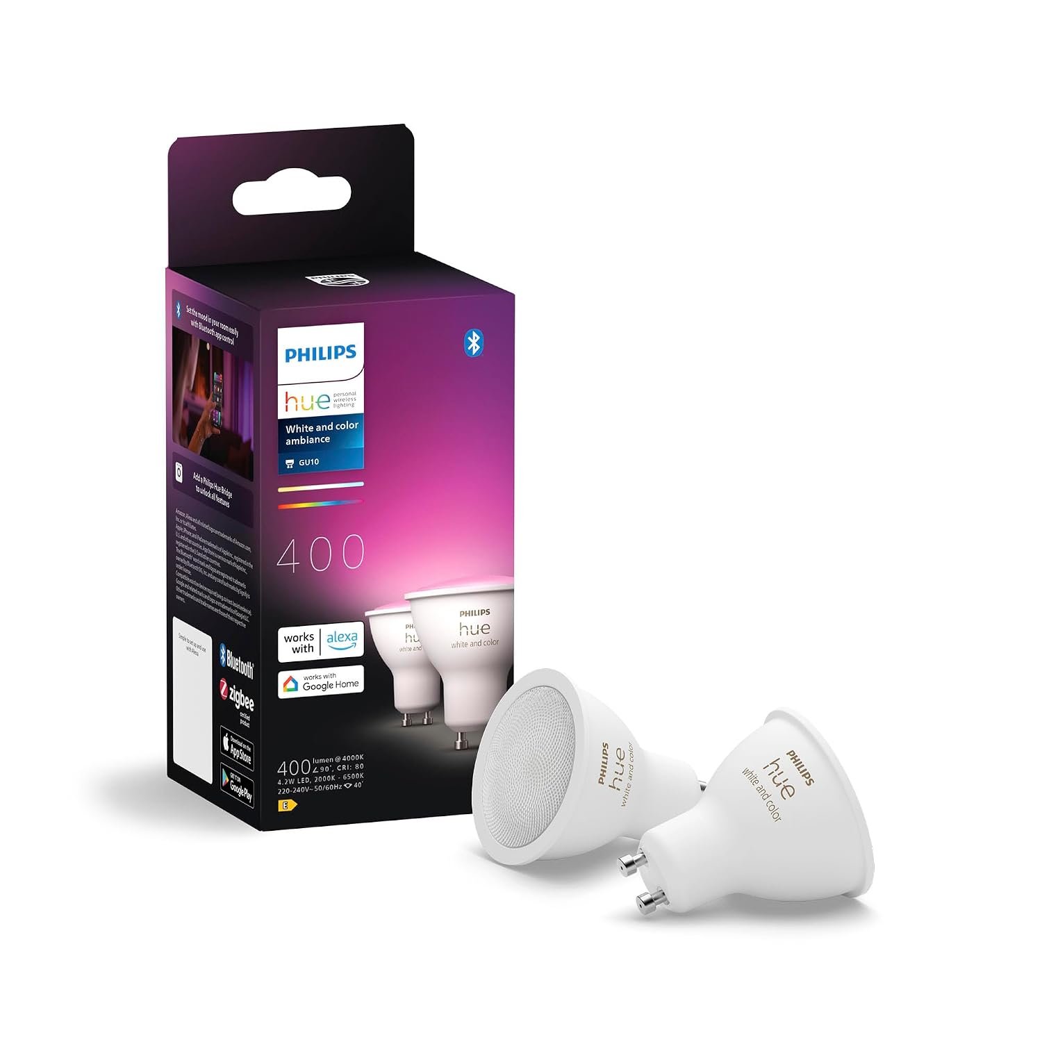 Philips Hue GU10 Spot 2-Pack (400lm) - White and Coloured Light - Dimmable - Connect to Bluetooth or Bridge - Smart Lamp - Works with Alexa and Google Home