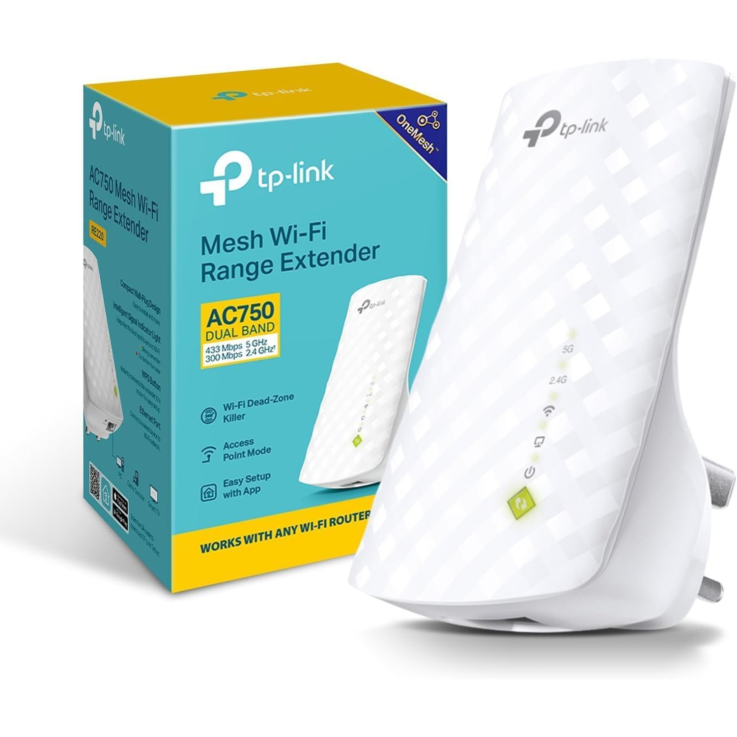 TP-Link RE220 WiFi Extender Booster, Dual-Band AC750 Mbps Range Extender Repeater with Ethernet Port, Connect Wired Devices, Works as a Wireless Adapter, Connect up to 32 Devices,Simple Two-Step Setup