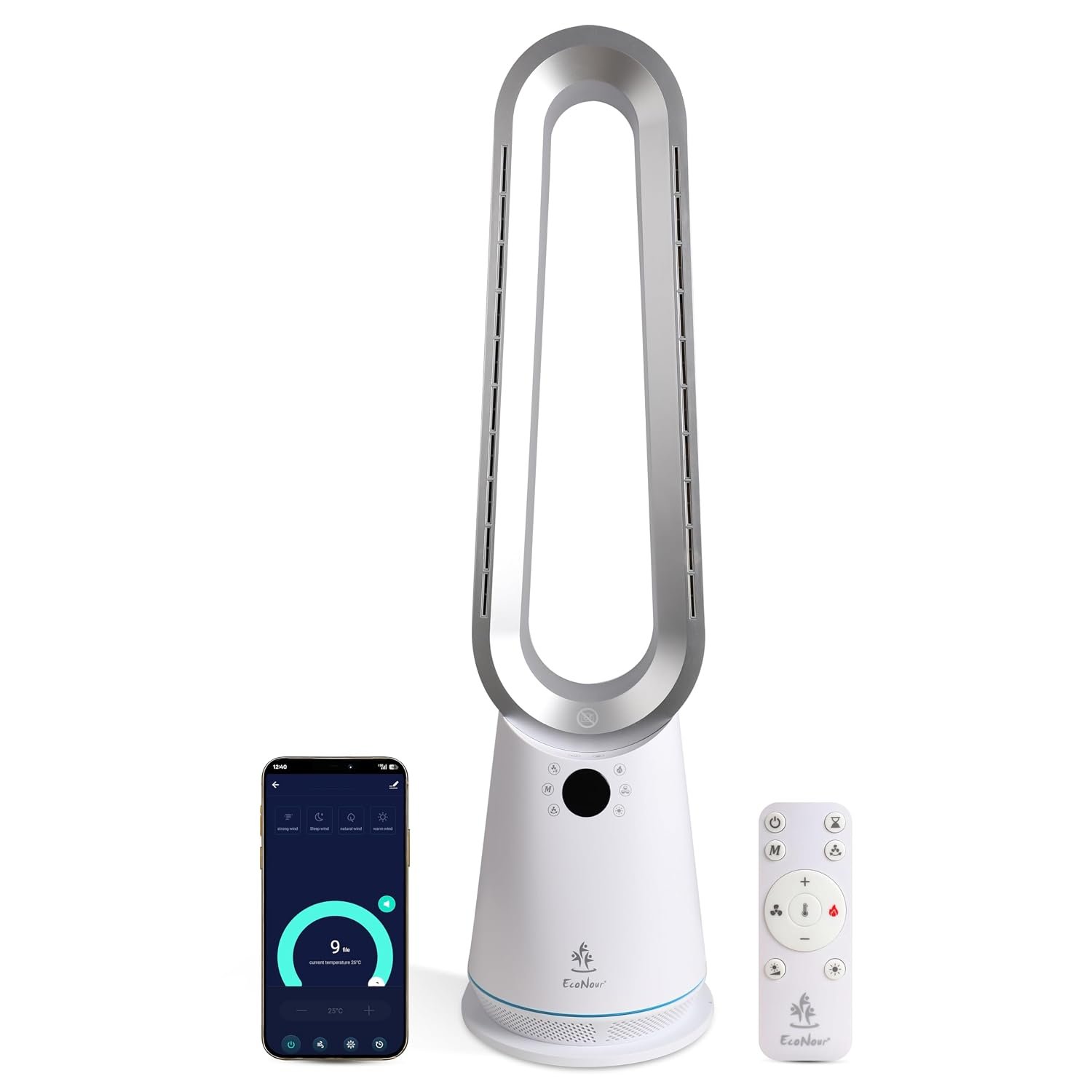 EcoNour 2 in 1 Bladeless Tower fan with Heater & Cooler | 10 Speed Quiet Airflow, 4 Modes, 15 Min–9 Hrs Timer, 80° Oscillation, Heats Up to 35°C, Plasma Function, Remote & Alexa Compatible