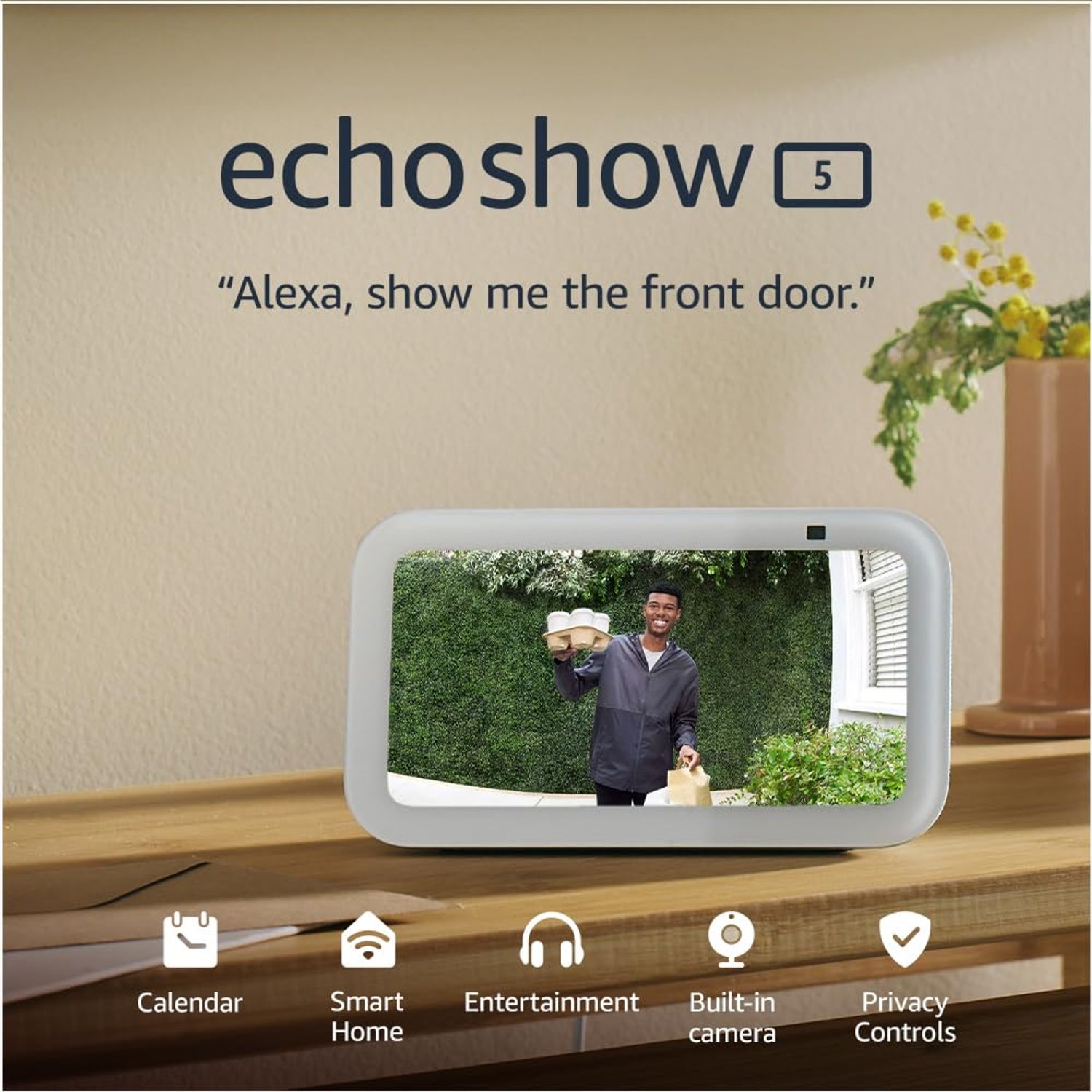 Certified Refurbished Echo Show 5 (3rd Gen, 2023 release) | Smart display and alarm clock with clearer sound | White