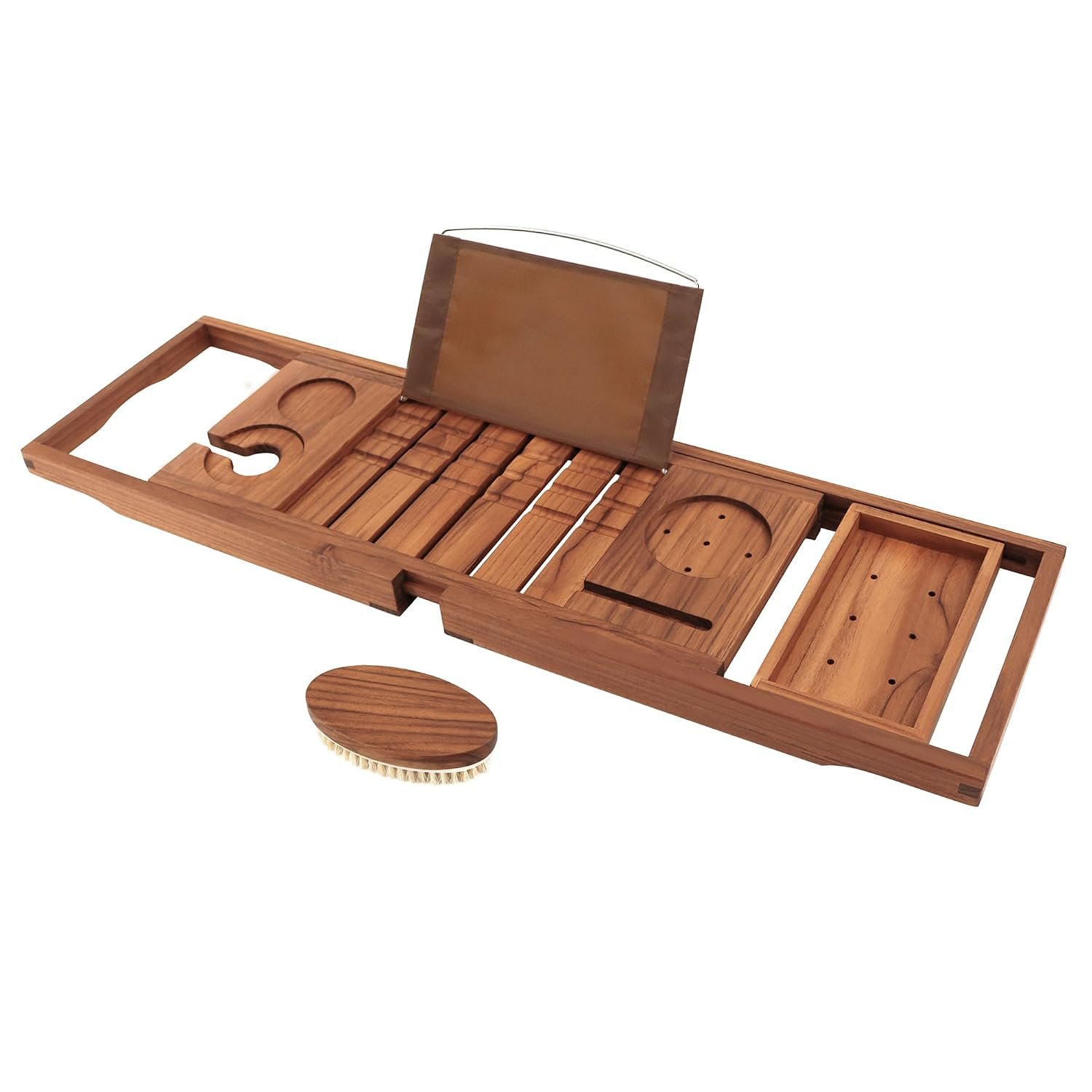 VaeFae Premium Teak Bath Tray, Expandable Wooden Bath Caddy Tray, Adjustable Bridge Luxury Bathtub Accessories, Bathroom Rack Shelf with Ipad & Phone Holder, Wine Glass, Book - A Free Teak Body Brush