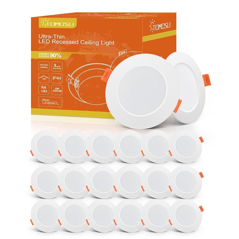 Tomosu LED Downlights for Ceiling Natural White 4000K 5W 450LM, AC 220-240V, Cut Φ75-90mm, 24mm Ultra Slim LED Recessed Ceiling Lights, IP44 Spotlights for Bathroom, 20 Pack