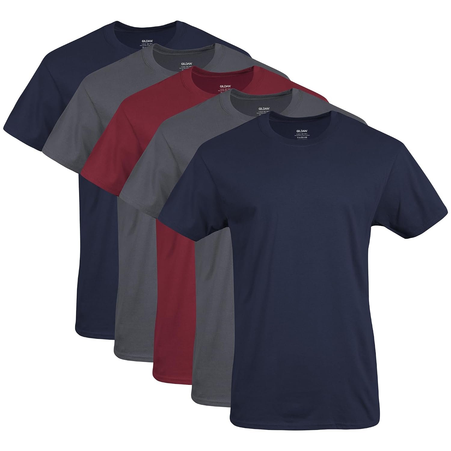 Gildan Men's Crew T-Shirts, Multipack, Style G1100 Underwear, Navy/Charcoal/Cardinal Red (5-Pack), XL (Pack of 5)