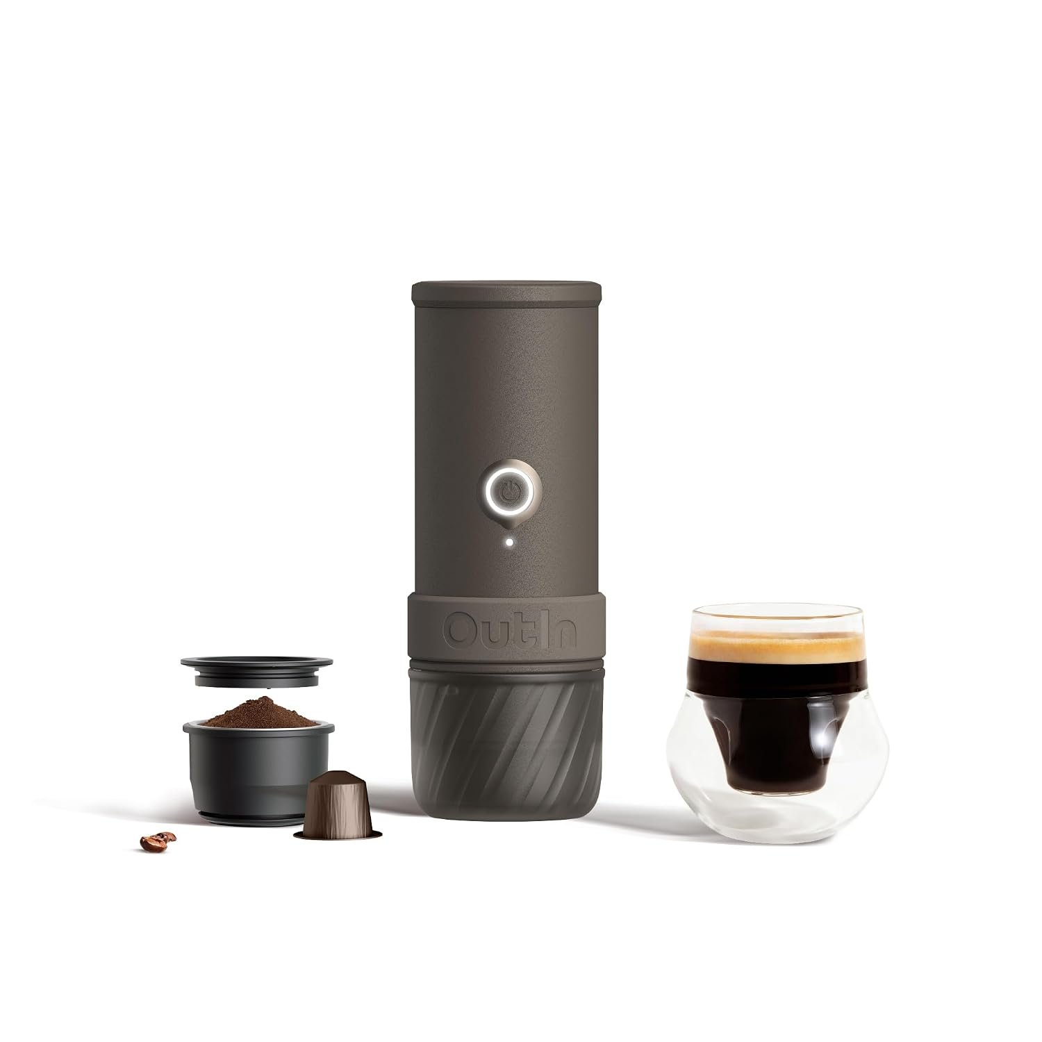 OutIn Mino Portable Electric Espresso Machine, Mini Camping Coffee Maker for Travel, Pocket Sized Coffee Machine Self-Heating with USB-C, Ground Coffee & NS Capsule Adapter For Adventure