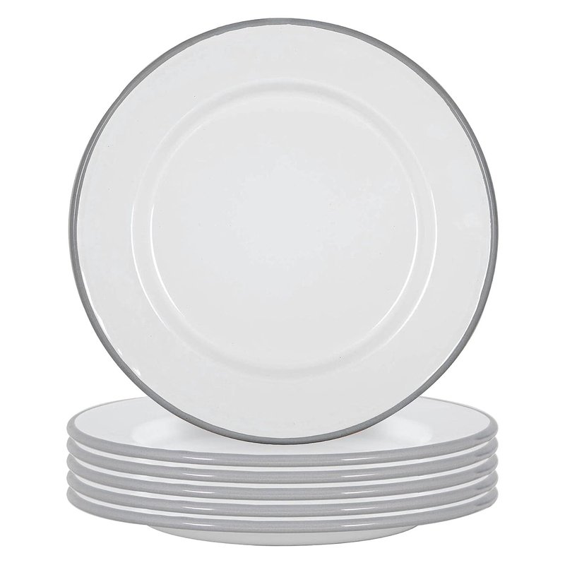 Argon Tableware Enamel Dinner Plates - 25.5cm - Pack of 6 - Grey Dining Plates Lightweight Camping Large Dinner Dish for Appetisers, Starters, Mains, Sides, Desserts