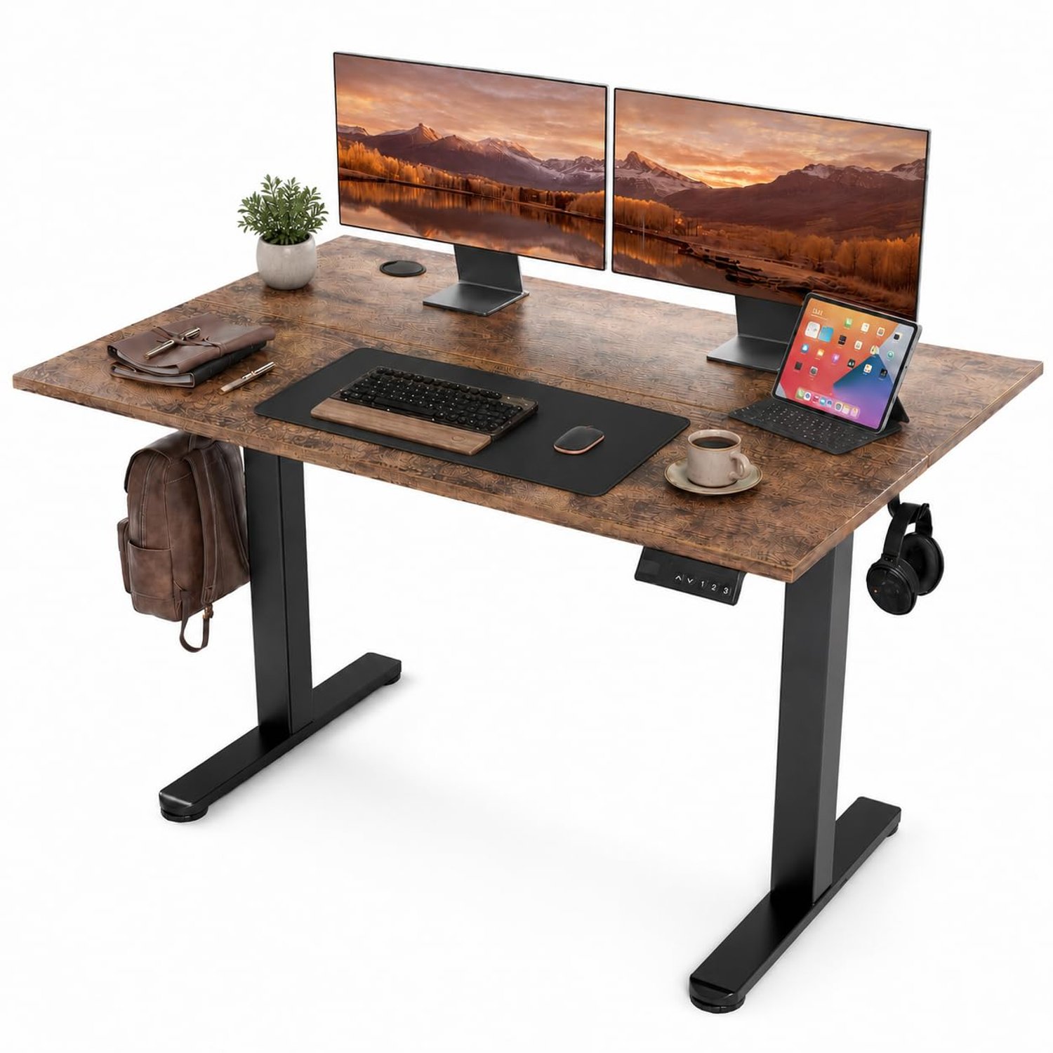 Claiks Electric Standing Desk 120x60cm Height Adjustable Desk with 3 Memory Presets & Sit Stand Reminder, Quiet Home Office Computer Desk with LED Display, Cable Holes & Hooks, Black
