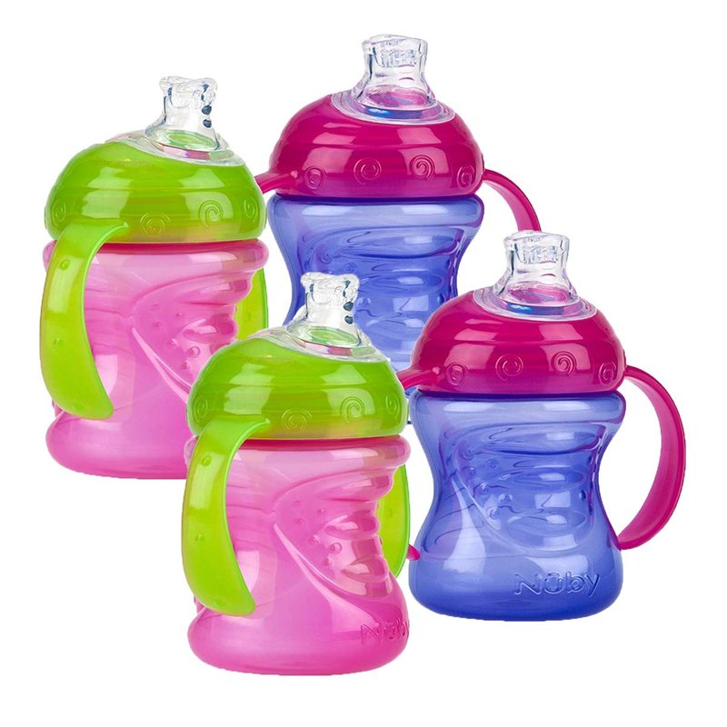 Nuby Two-Handle No-Spill Super Spout Grip N' Sip Cup, 4 Count (Pink/Purple)