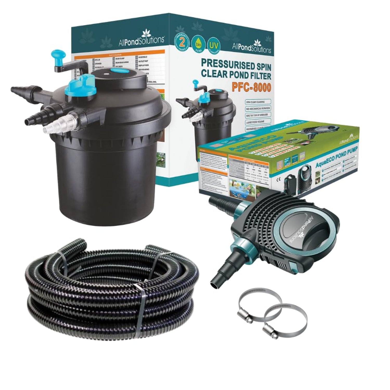 AllPondSolutions Pressurised Koi Fish Pond Filter Complete Kit with Pond Pump and UV Steriliser Light All in one - Ponds Up to 8000 litres - PFC-8000-KIT Black