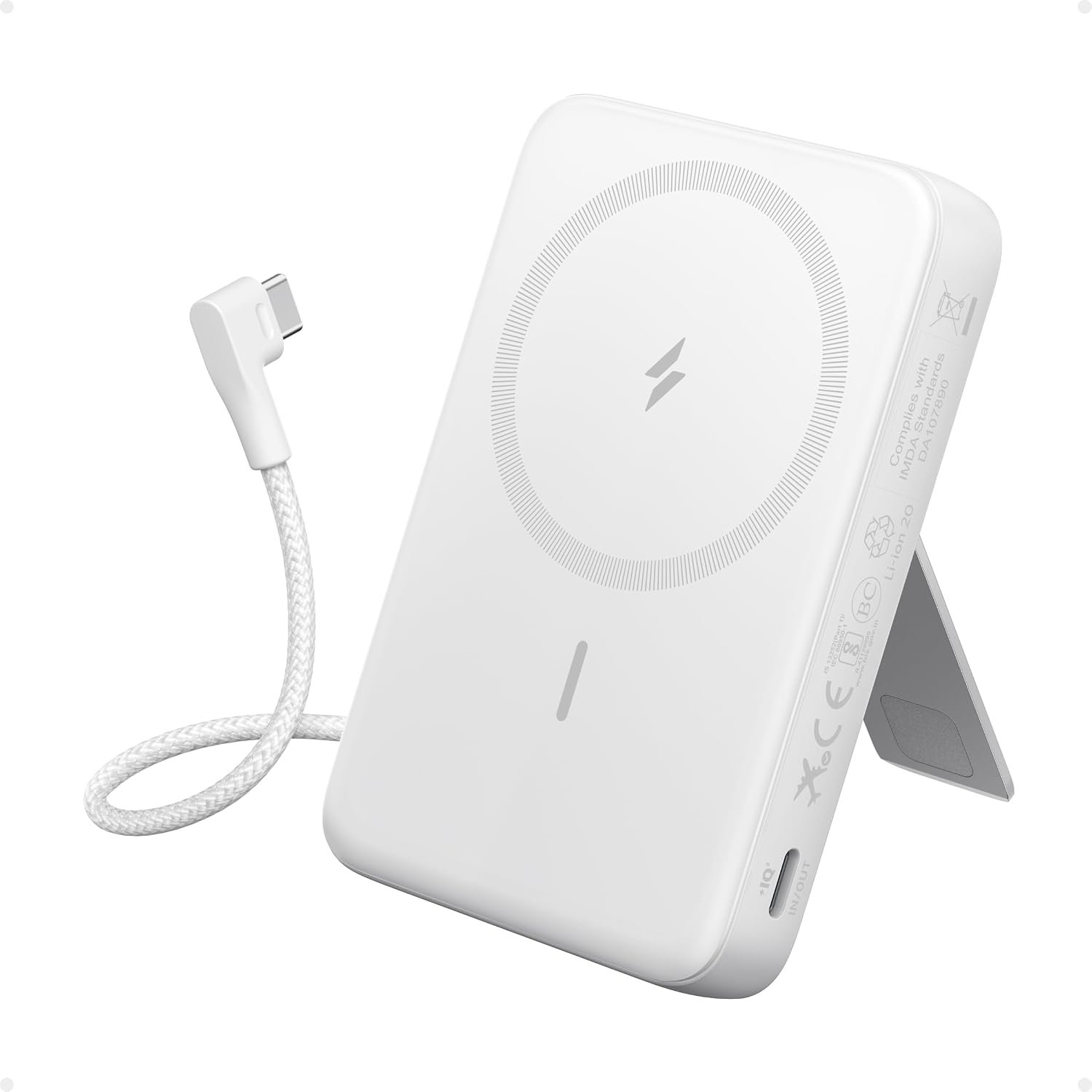 Anker Zolo Magnetic Power Bank, 10,000mAh Wireless Portable Charger with 30W Max Fast Charging, Battery Pack with Built-In USB-C Cable and Adjustable Stand, For iPhone 15/14 Series, AirPods, and More